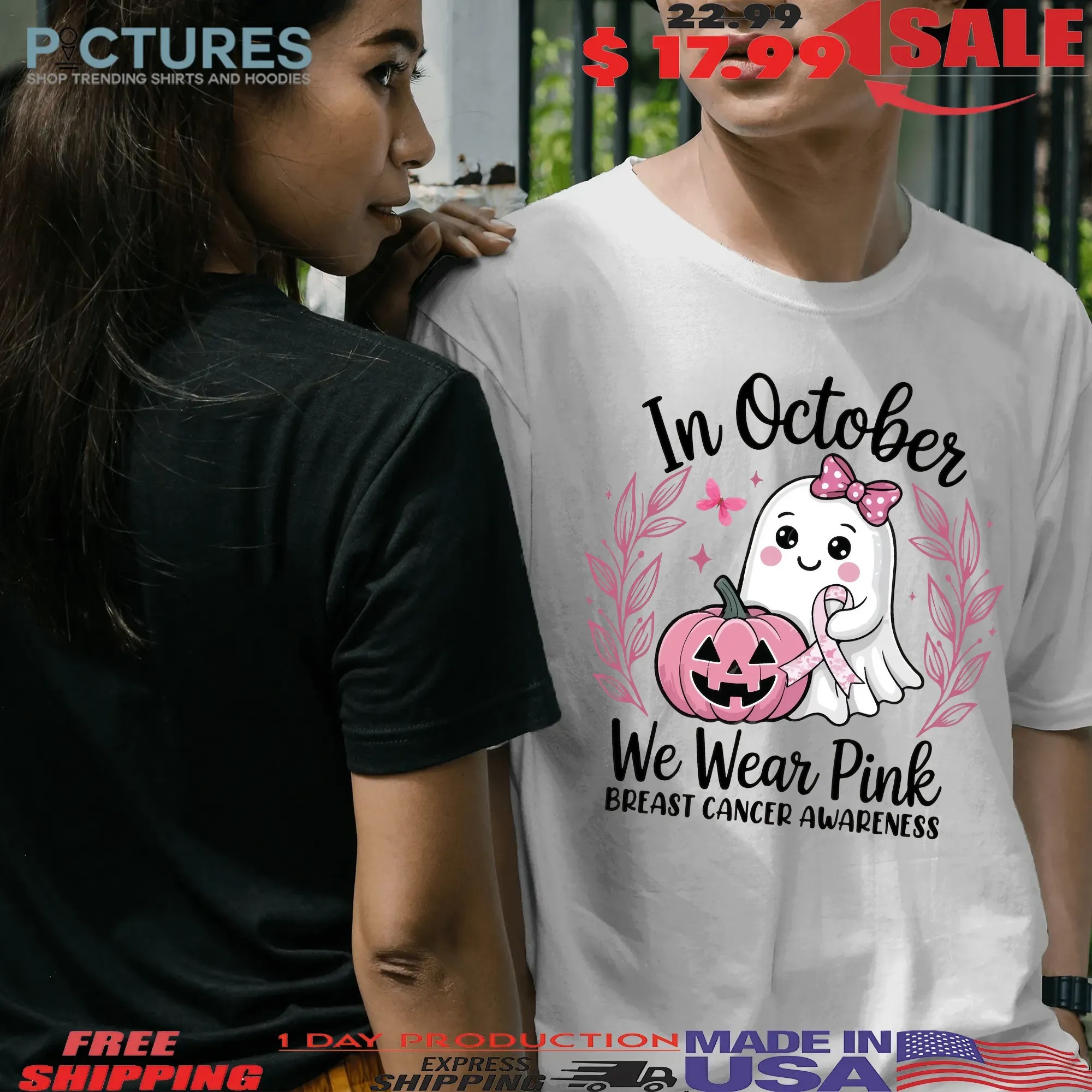 In October We Wear Pink Breast Cancer Awareness Halloween Pink Ghost Breast Cancer T Shirt