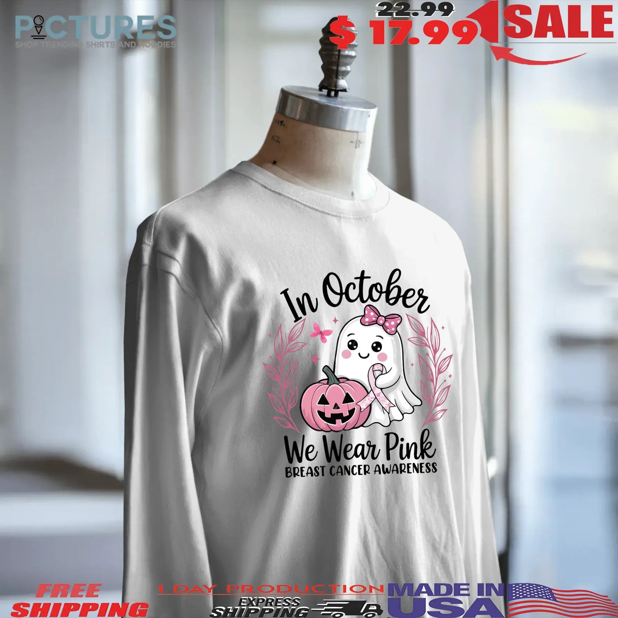 In October We Wear Pink Breast Cancer Awareness Halloween Pink Ghost Breast Cancer T Shirt