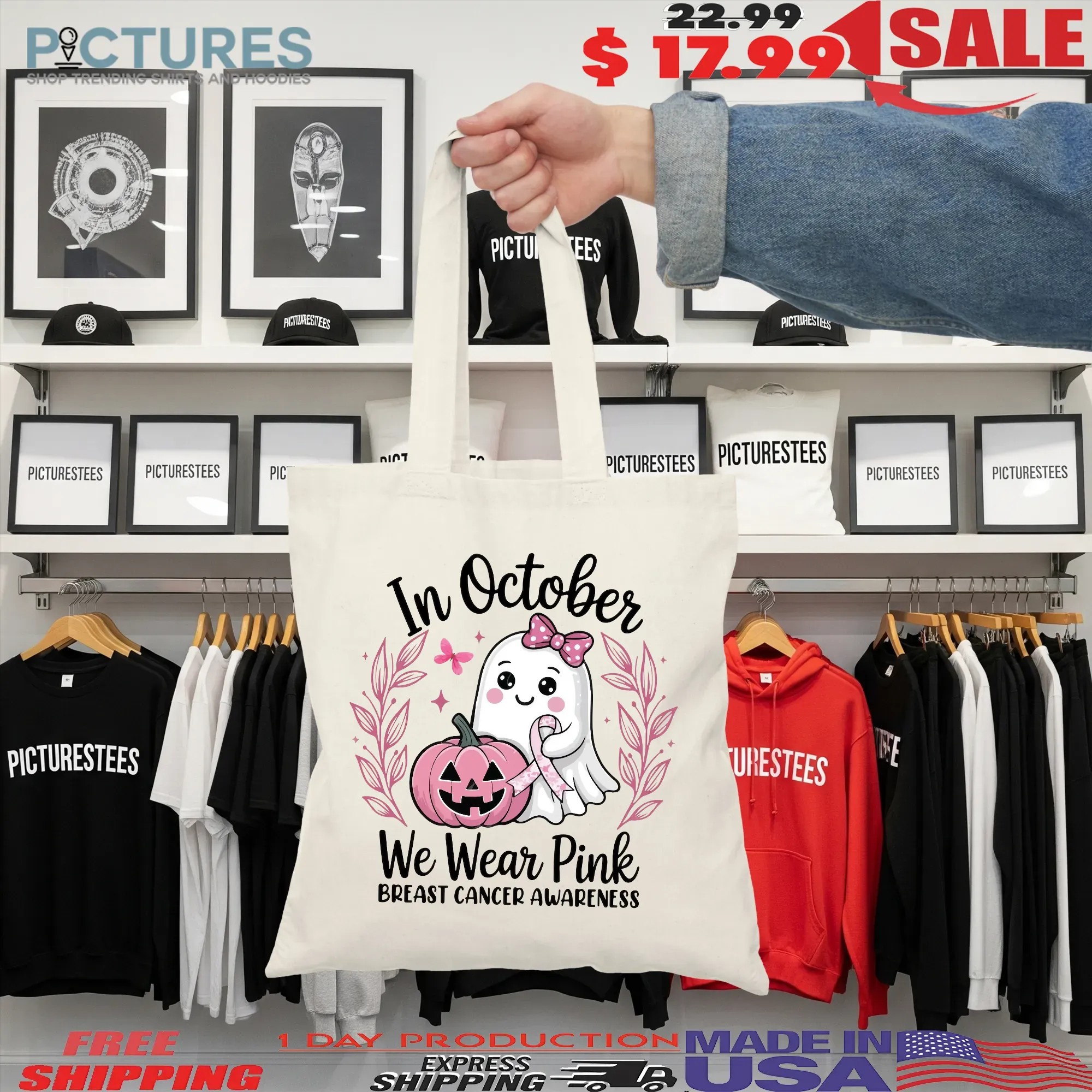 In October We Wear Pink Breast Cancer Awareness Halloween Pink Ghost Breast Cancer T Shirt
