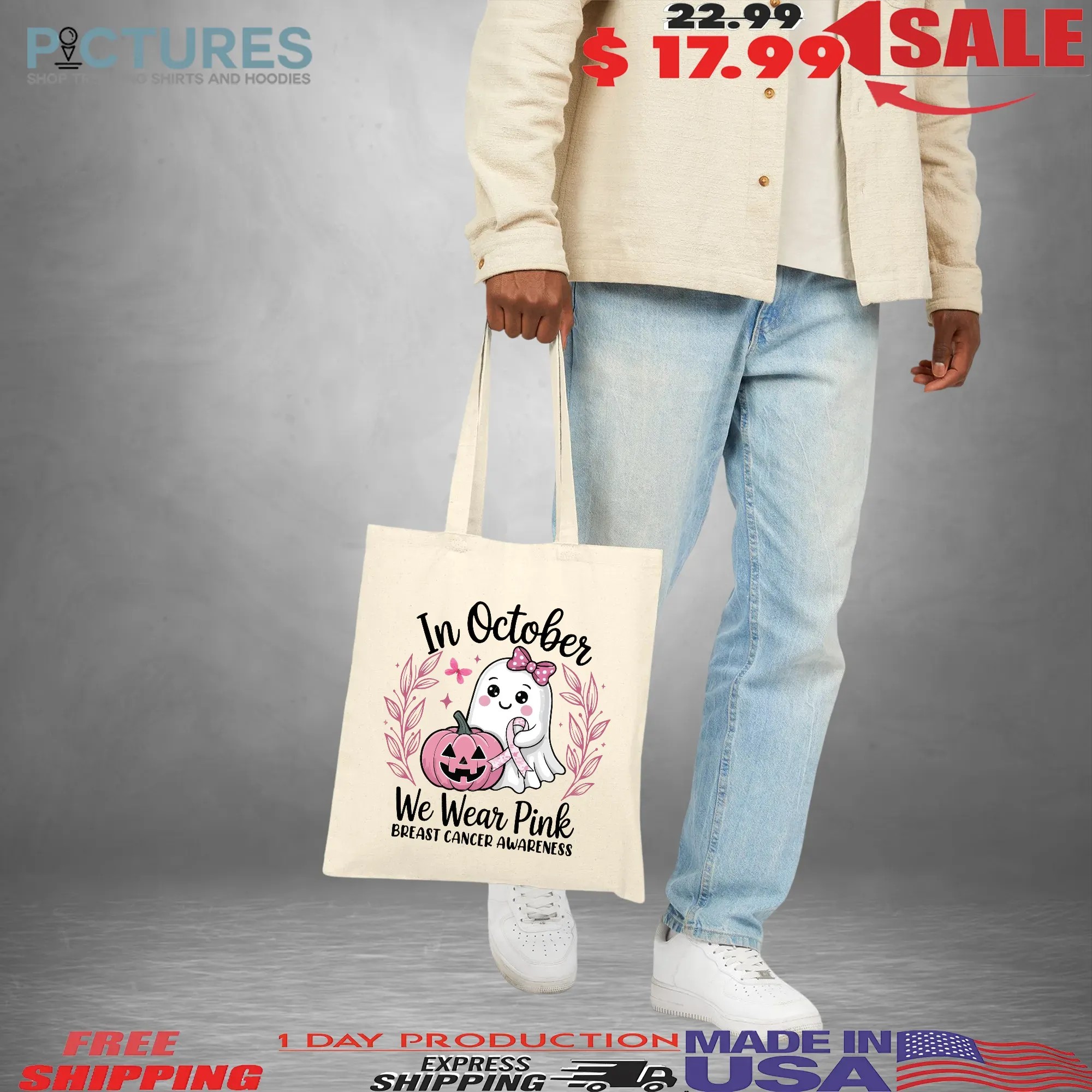 In October We Wear Pink Breast Cancer Awareness Halloween Pink Ghost Breast Cancer T Shirt