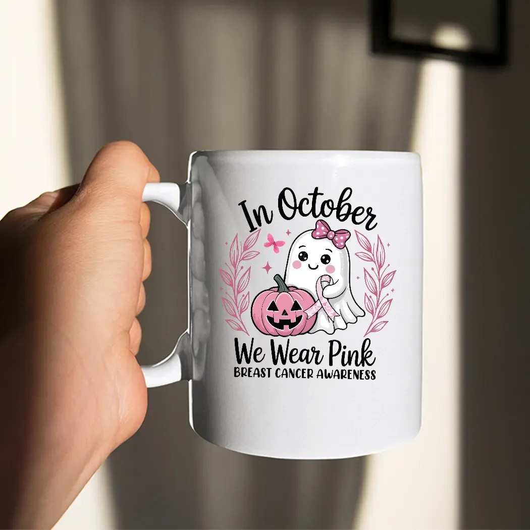 In October We Wear Pink Breast Cancer Awareness Halloween Pink Ghost Breast Cancer T Shirt