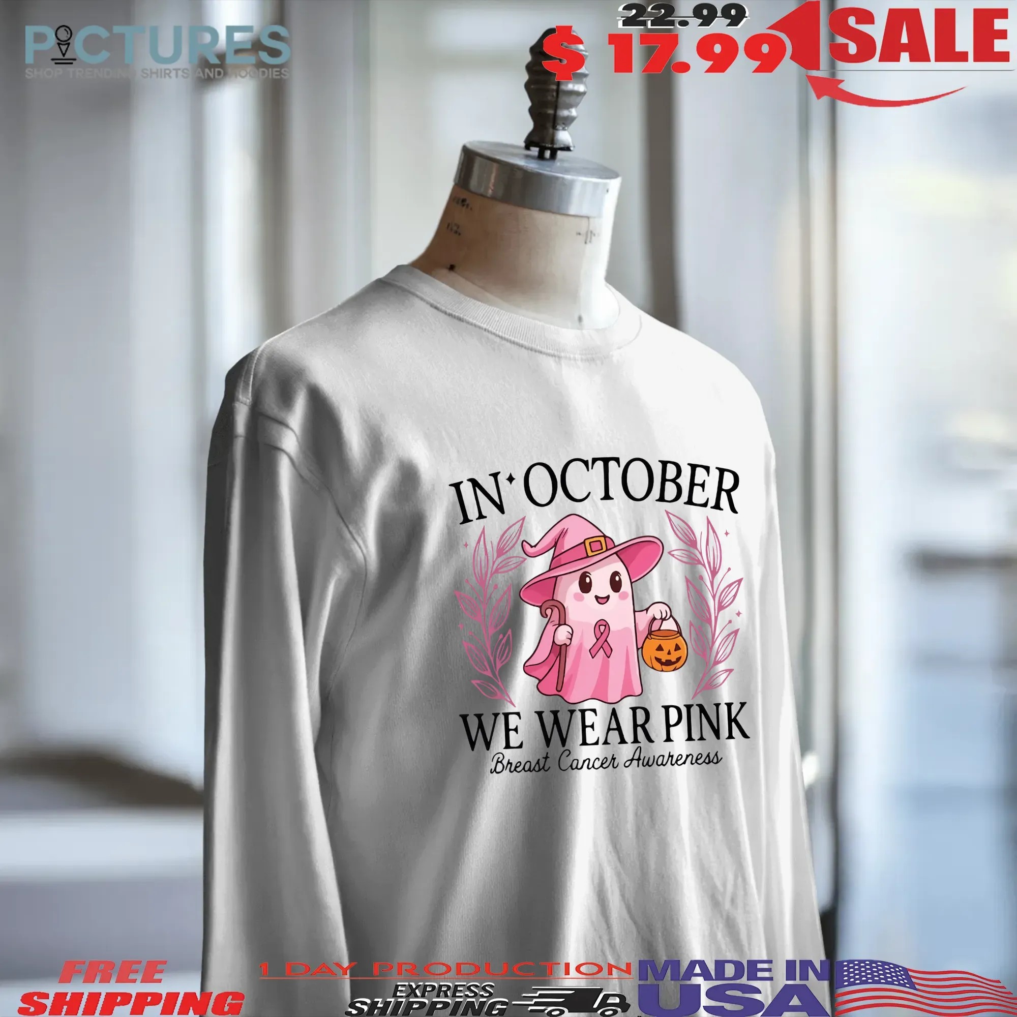 In October We Wear Pink Breast Cancer Awareness Halloween Pink Ghost Breasts T Shirt