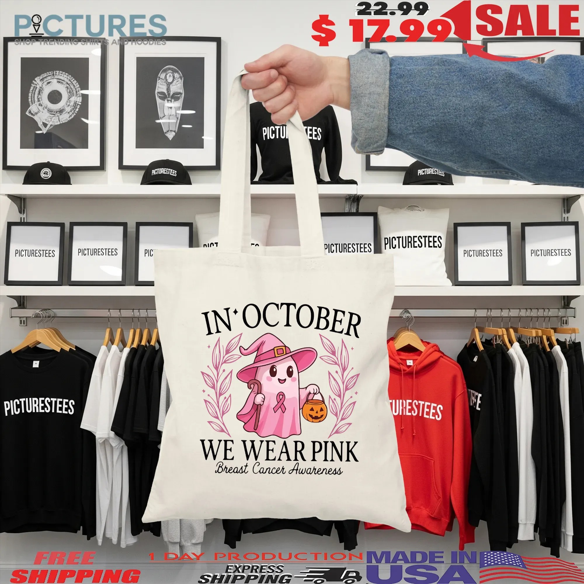 In October We Wear Pink Breast Cancer Awareness Halloween Pink Ghost Breasts T Shirt
