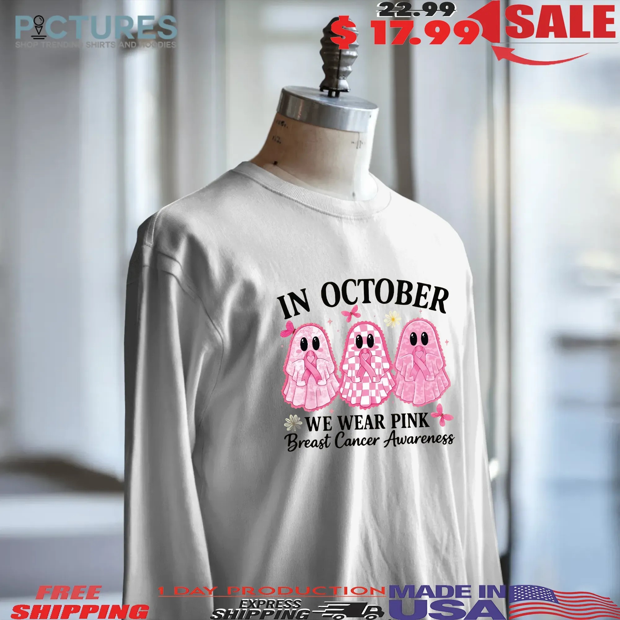 In October We Wear Pink, Breast Cancer Awareness, Halloween Pink Ghost, Retro Breast Cancer, Halloween Shirt