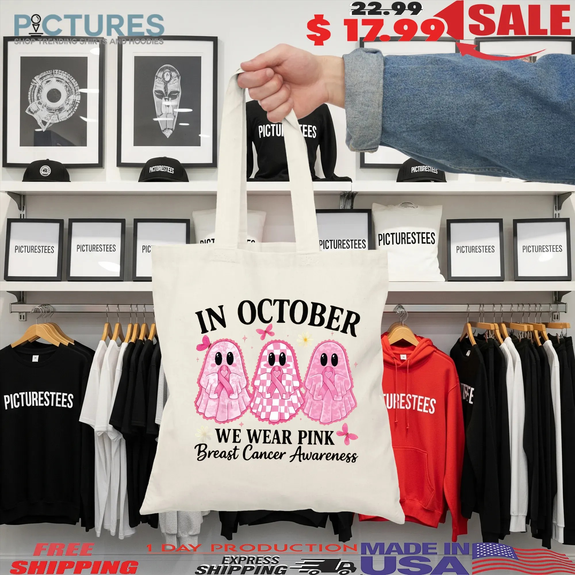 In October We Wear Pink, Breast Cancer Awareness, Halloween Pink Ghost, Retro Breast Cancer, Halloween Shirt