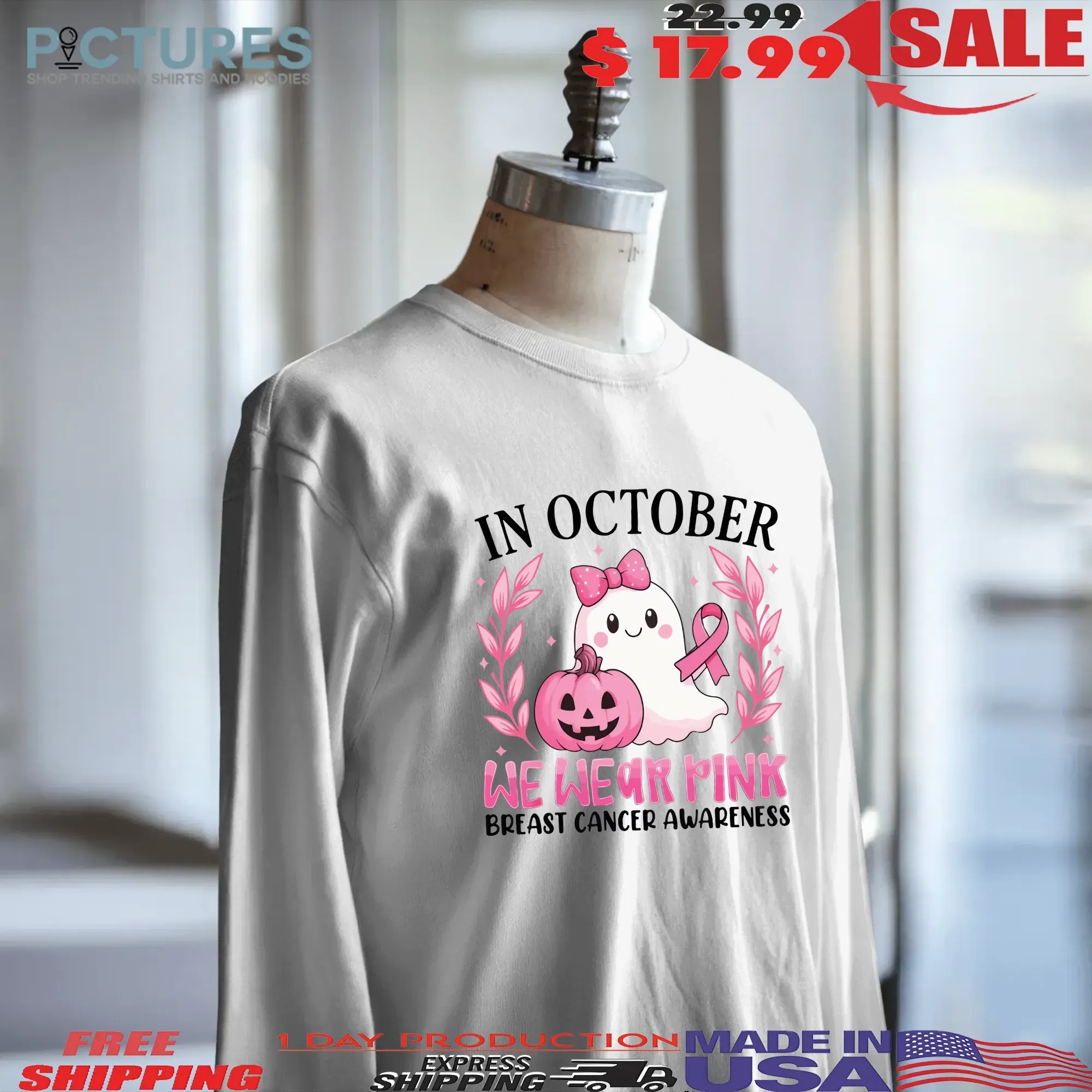 In October We Wear Pink, Breast Cancer Awareness, Halloween Pink Ghost, Retro Breast Cancer, Halloween T Shirt