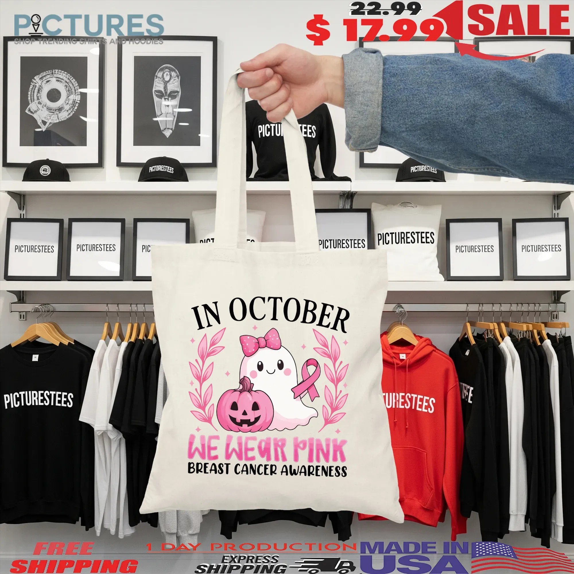 In October We Wear Pink, Breast Cancer Awareness, Halloween Pink Ghost, Retro Breast Cancer, Halloween T Shirt