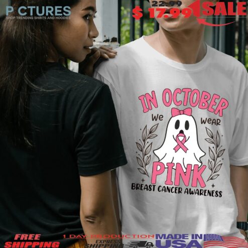 In October We Wear Pink, Breast Cancer Awareness, Halloween Pink Ghost, Retro Breast Cancer Shirt