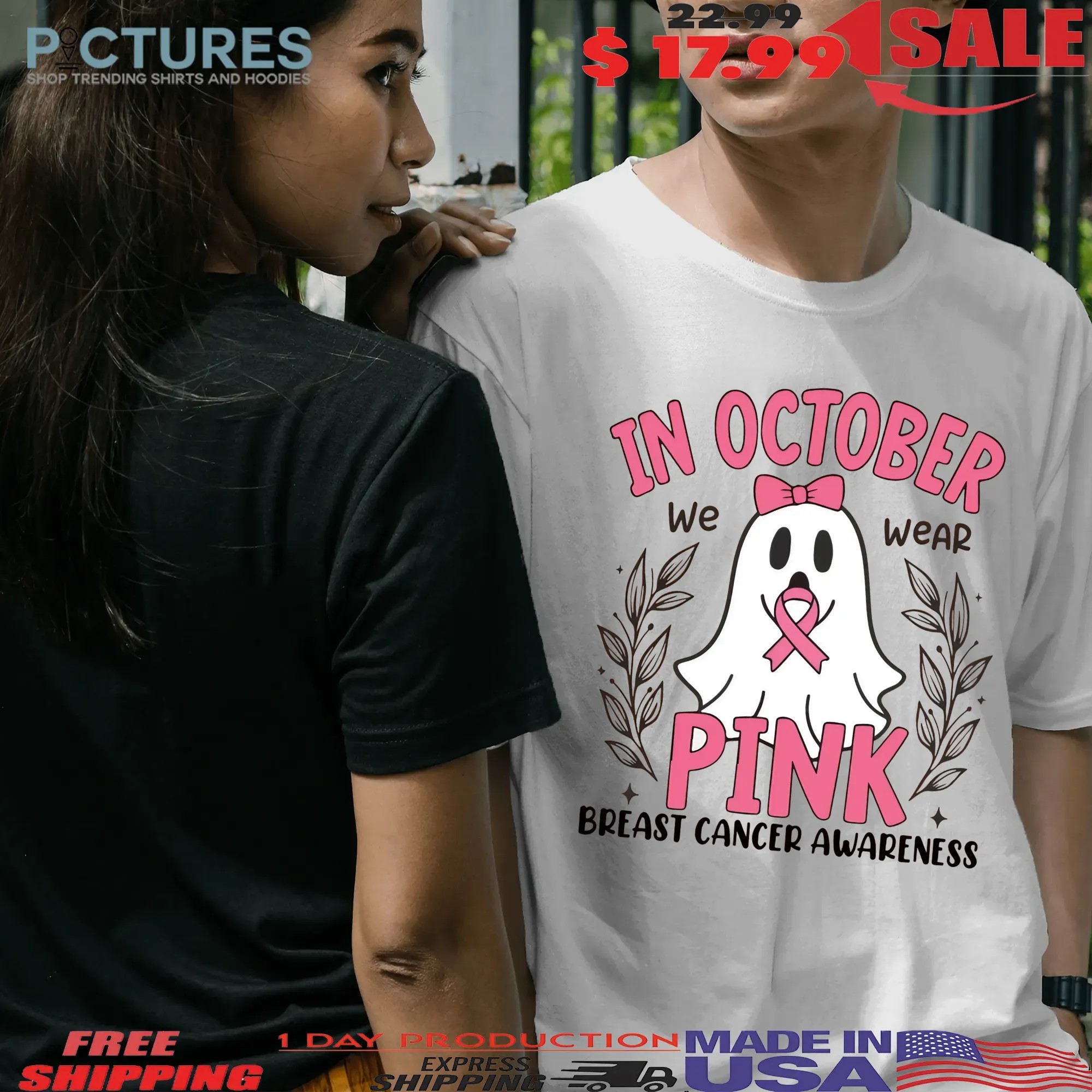 In October We Wear Pink, Breast Cancer Awareness, Halloween Pink Ghost, Retro Breast Cancer Shirt