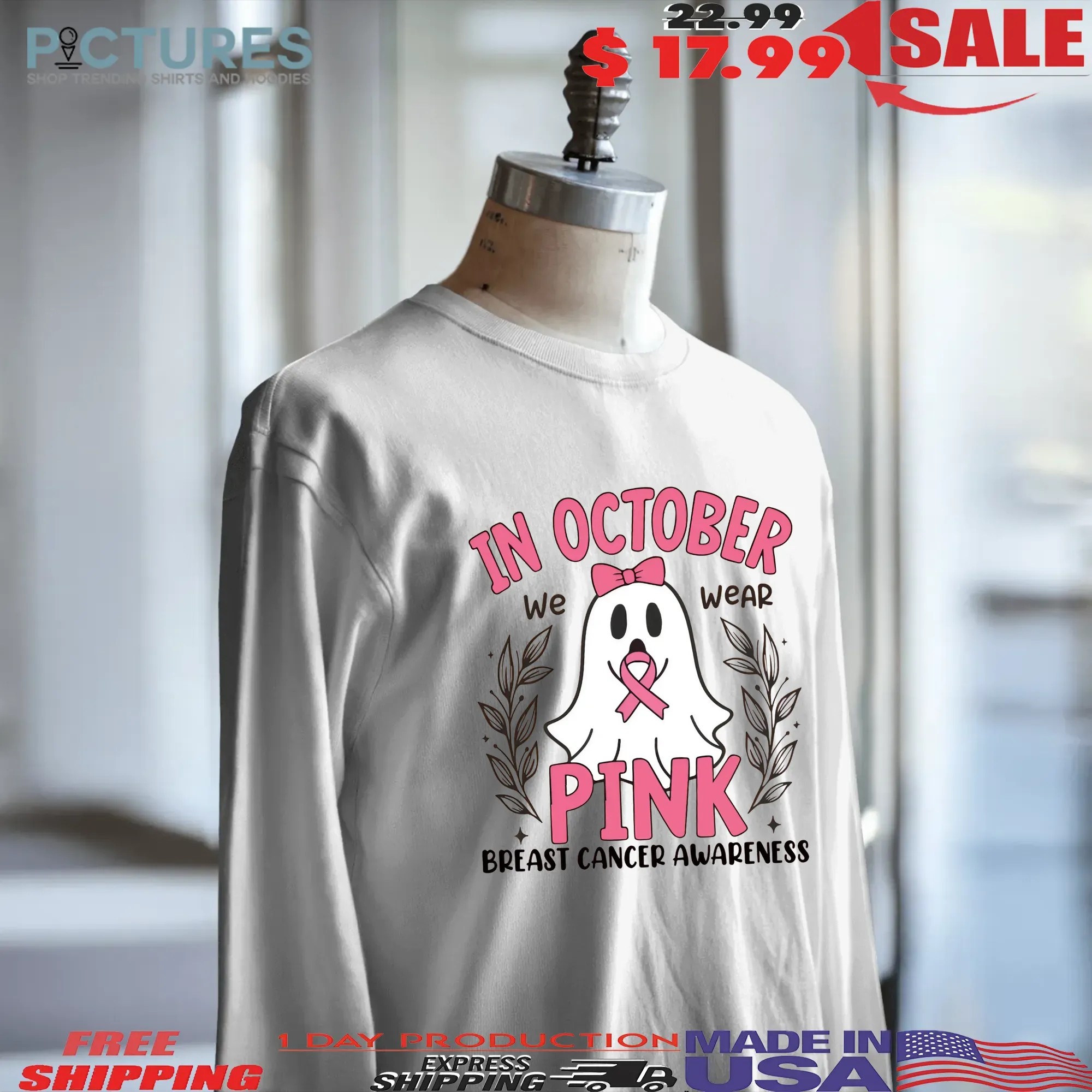 In October We Wear Pink, Breast Cancer Awareness, Halloween Pink Ghost, Retro Breast Cancer Shirt