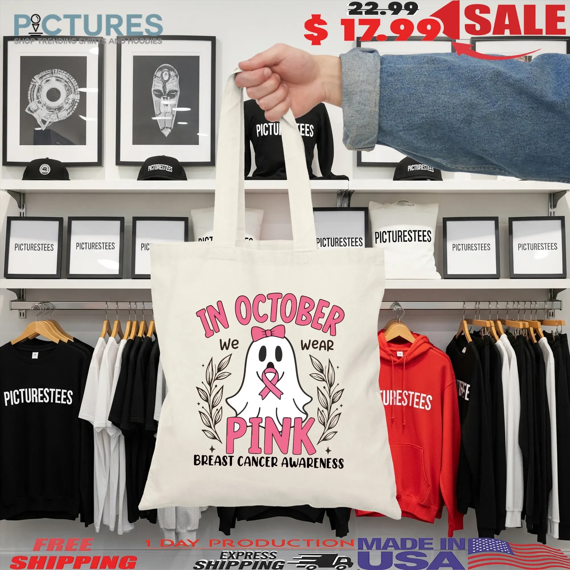 In October We Wear Pink, Breast Cancer Awareness, Halloween Pink Ghost, Retro Breast Cancer Shirt
