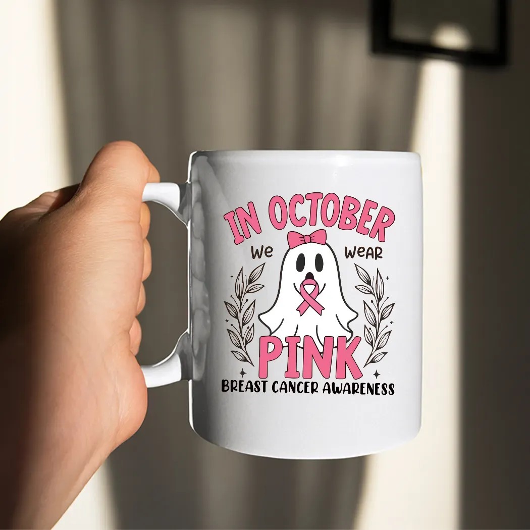 In October We Wear Pink, Breast Cancer Awareness, Halloween Pink Ghost, Retro Breast Cancer Shirt