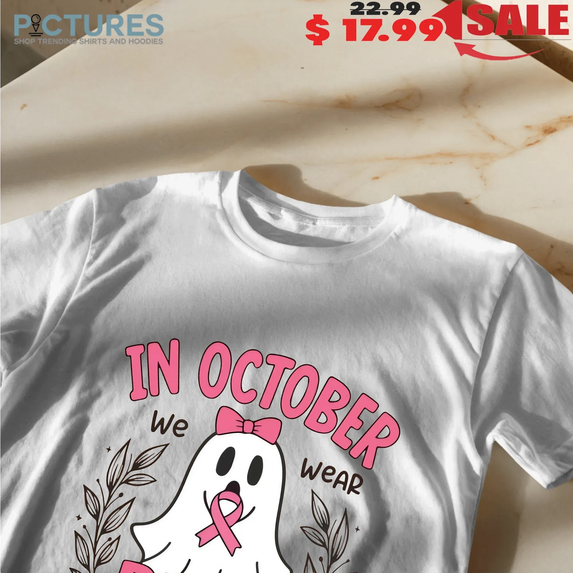 In October We Wear Pink, Breast Cancer Awareness, Halloween Pink Ghost, Retro Breast Cancer Shirt