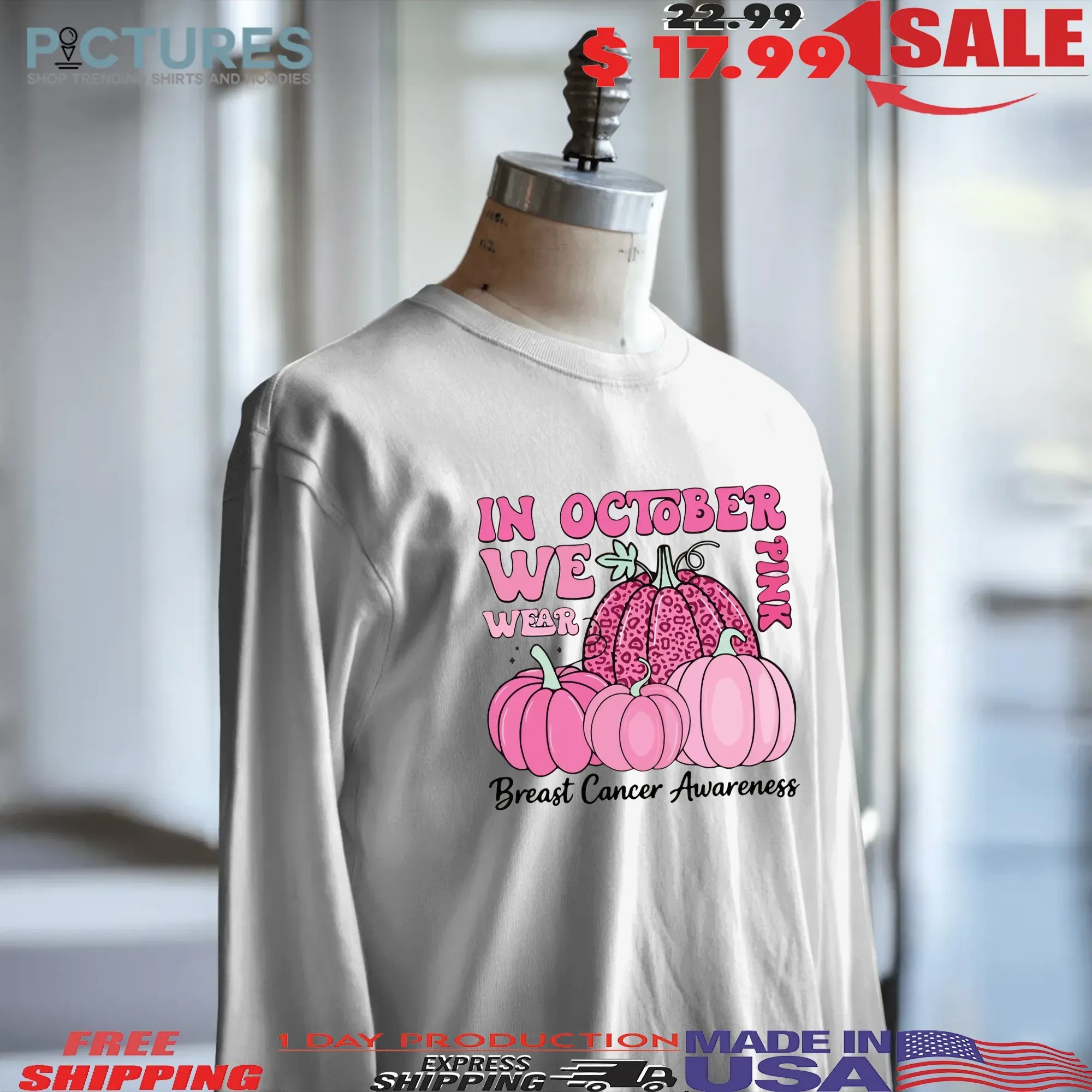 In October We Wear Pink, Breast Cancer Awareness, Halloween Pink Ghost, Retro Breast Cancer T Shirt