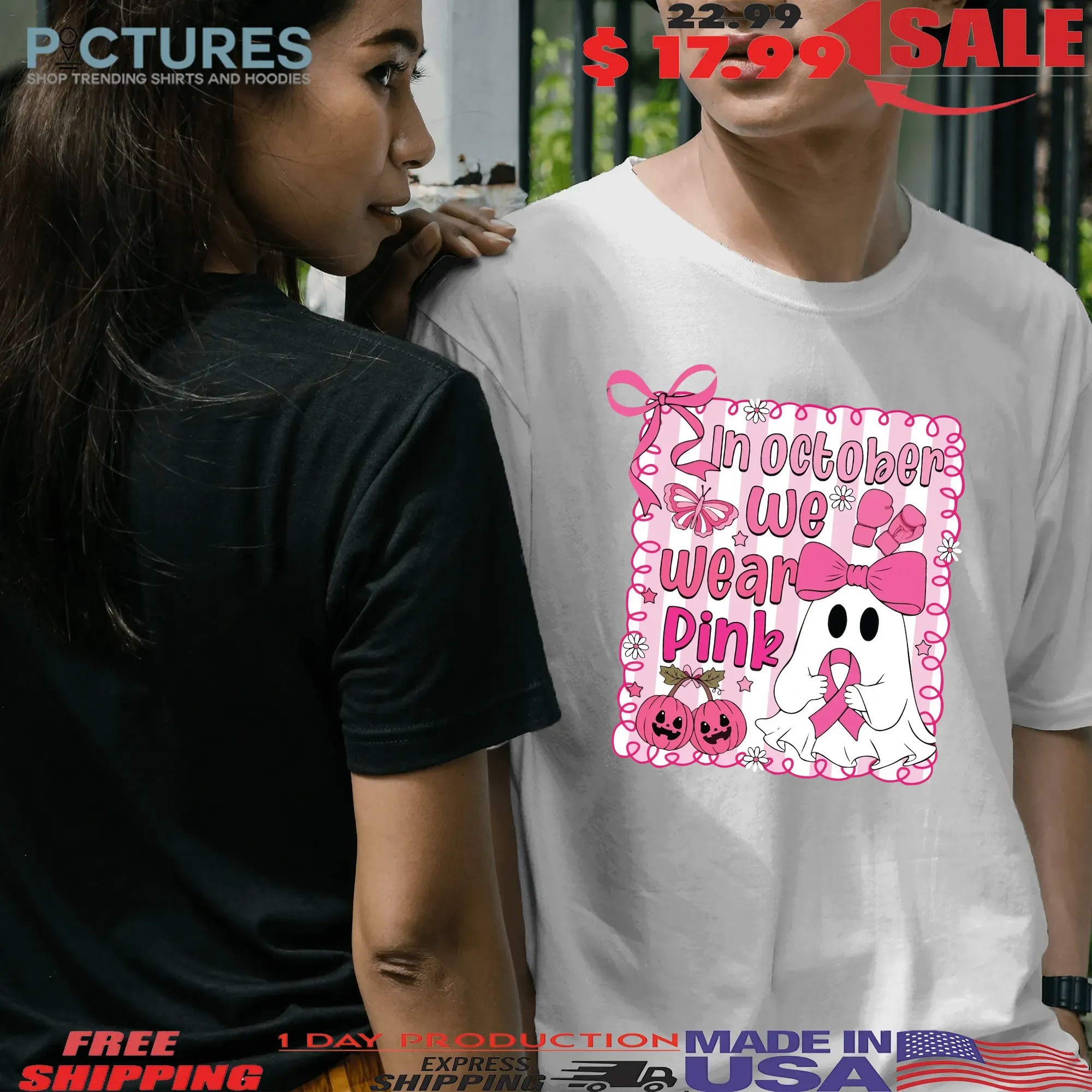 In October We Wear Pink Breast Cancer Awareness Halloween Pink Ghost Shirt