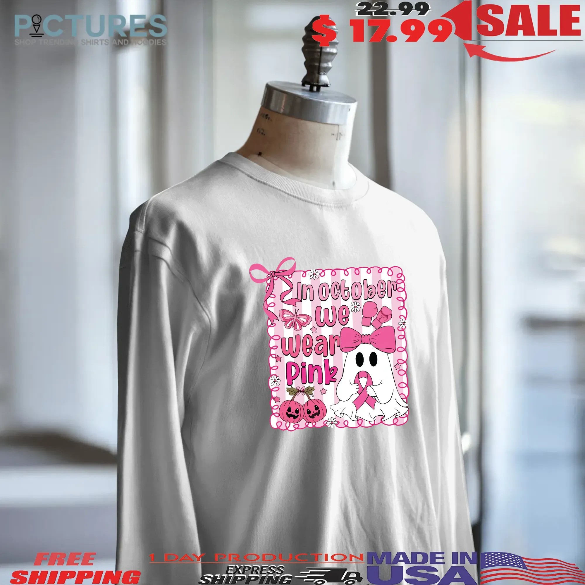 In October We Wear Pink Breast Cancer Awareness Halloween Pink Ghost Shirt