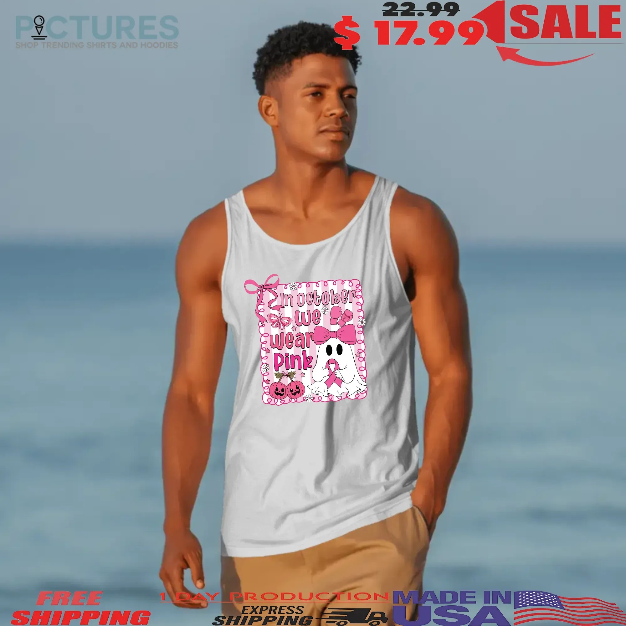 In October We Wear Pink Breast Cancer Awareness Halloween Pink Ghost Shirt