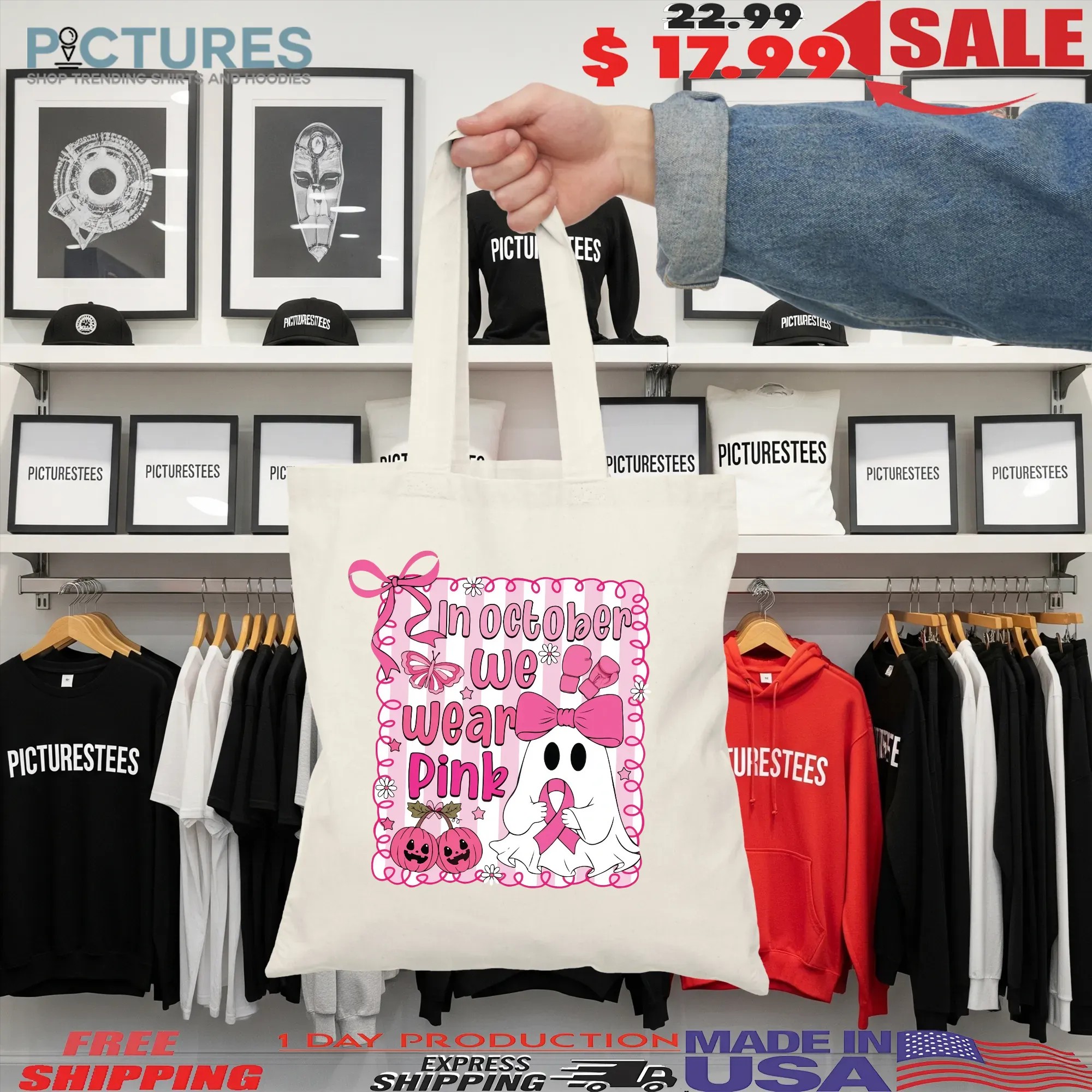 In October We Wear Pink Breast Cancer Awareness Halloween Pink Ghost Shirt