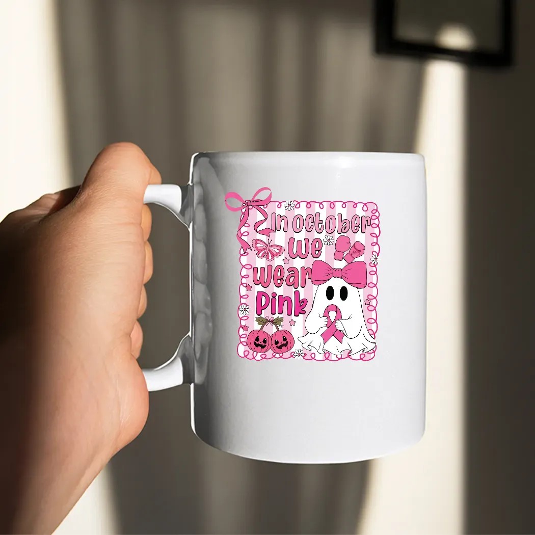 In October We Wear Pink Breast Cancer Awareness Halloween Pink Ghost Shirt