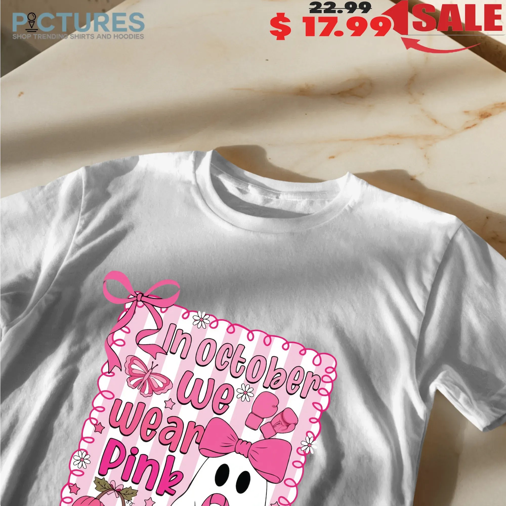In October We Wear Pink Breast Cancer Awareness Halloween Pink Ghost Shirt