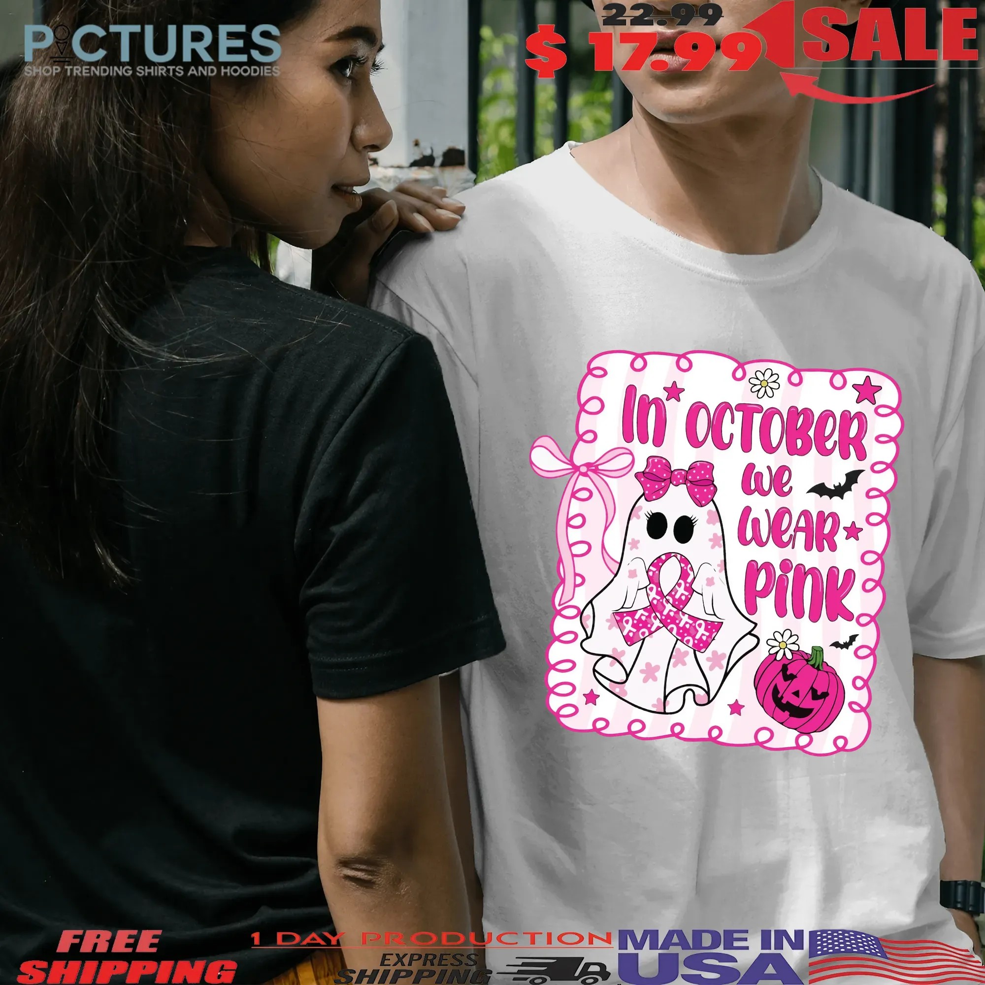 In October We Wear Pink Breast Cancer Awareness Halloween Pink Ghost T Shirt