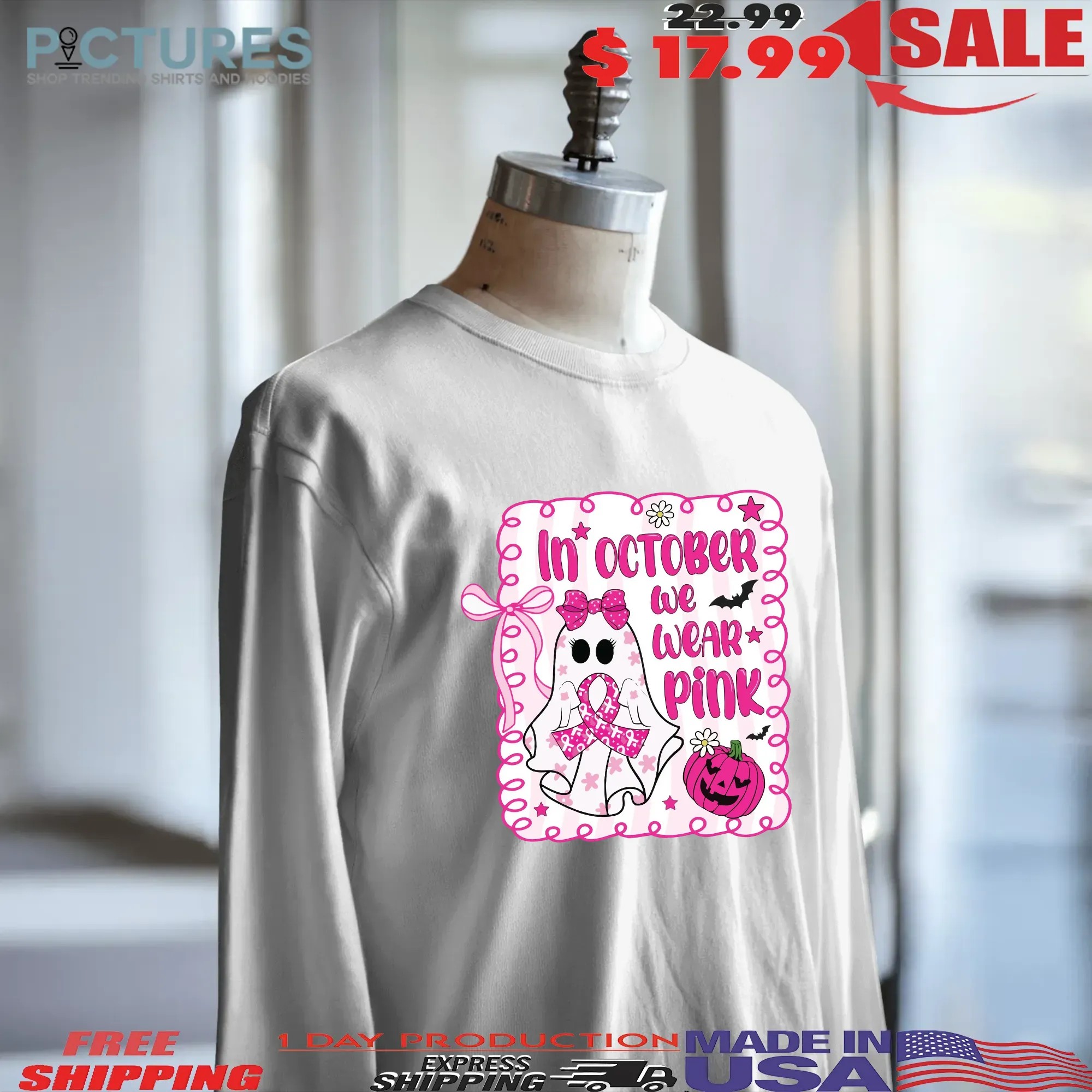 In October We Wear Pink Breast Cancer Awareness Halloween Pink Ghost T Shirt
