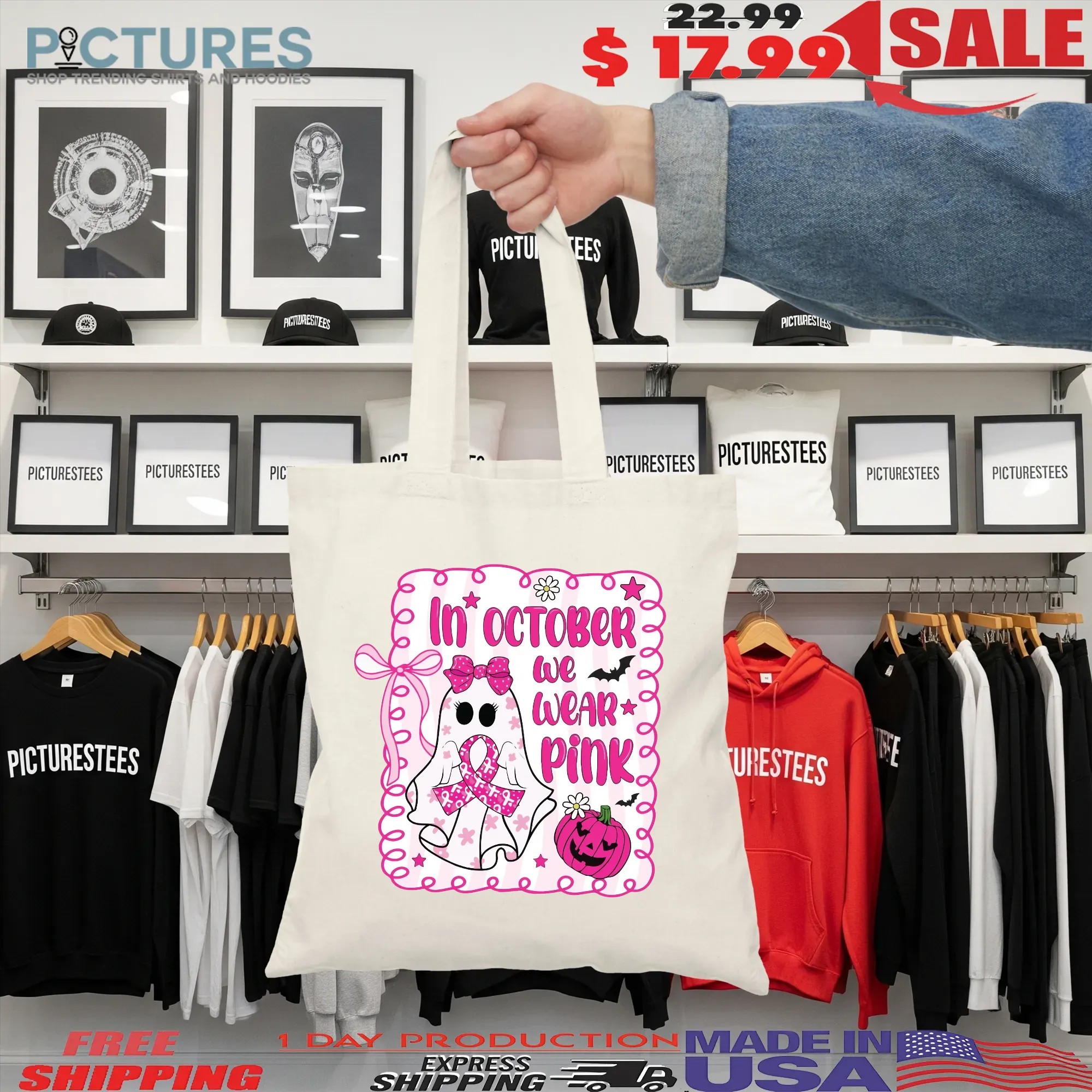 In October We Wear Pink Breast Cancer Awareness Halloween Pink Ghost T Shirt
