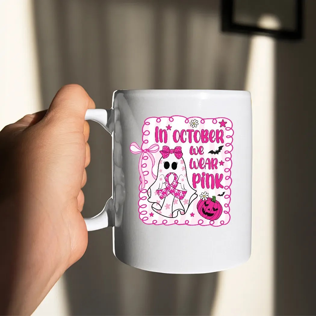 In October We Wear Pink Breast Cancer Awareness Halloween Pink Ghost T Shirt