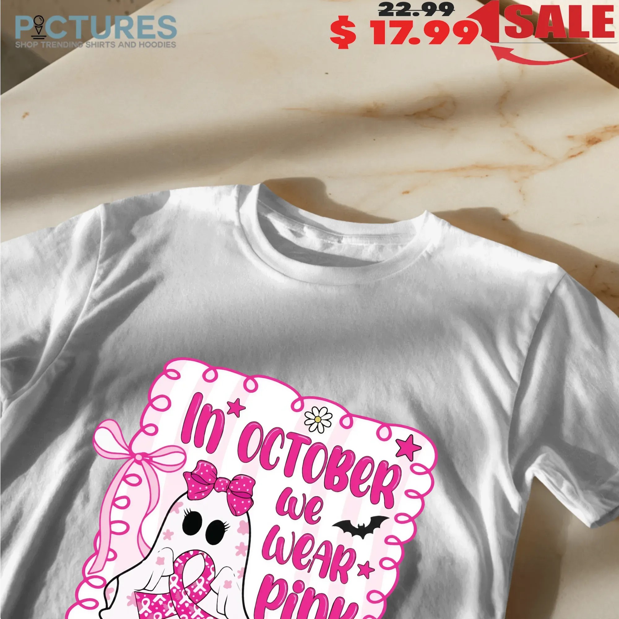 In October We Wear Pink Breast Cancer Awareness Halloween Pink Ghost T Shirt