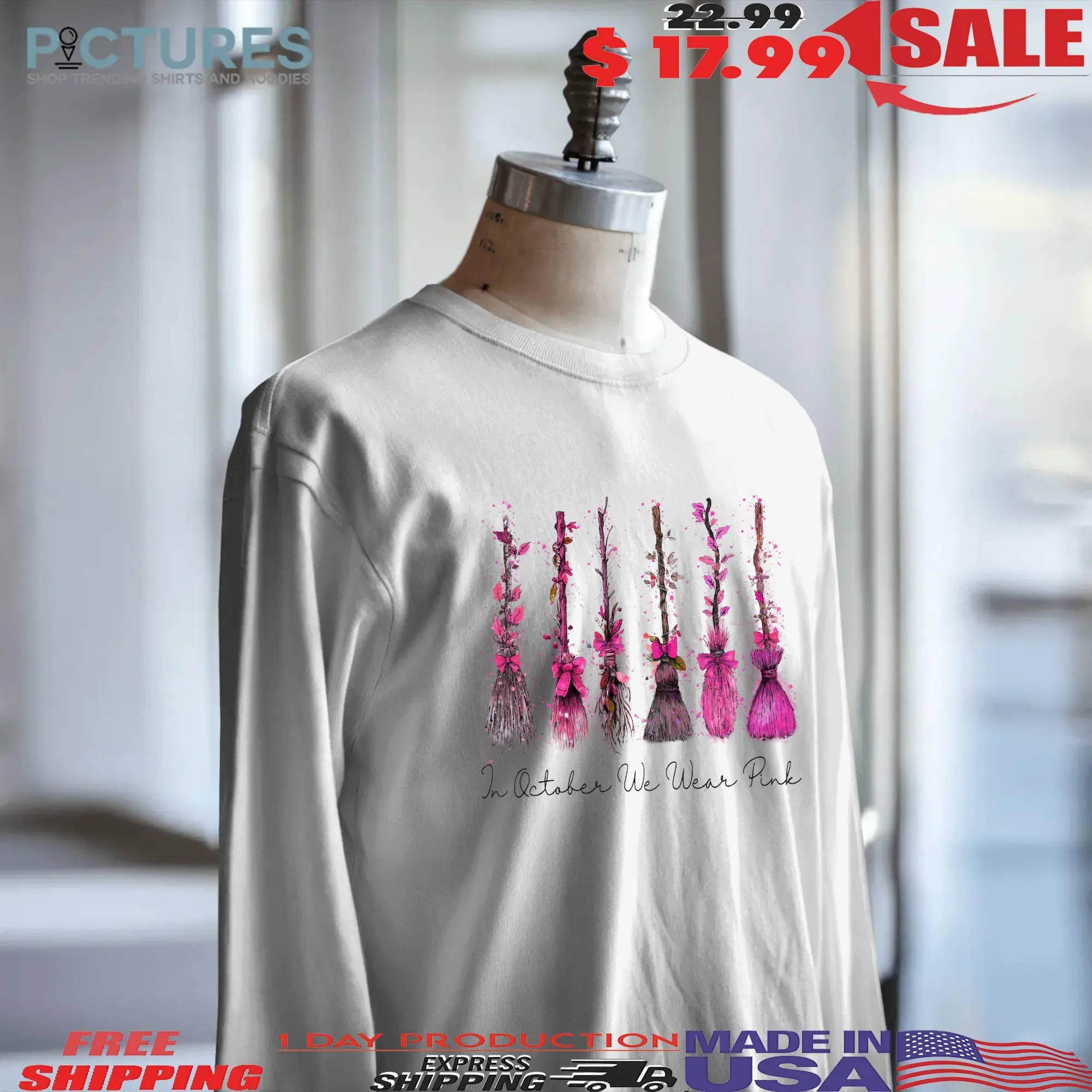 In October We Wear Pink, Breast Cancer Awareness Shirt, Halloween Sweatshirt, Witchy Pink Ribbon Shirt, Witch Gift, October Awareness Hoodie