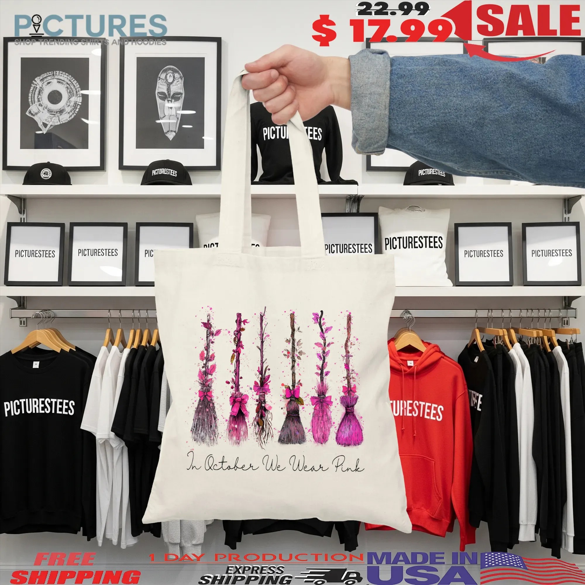 In October We Wear Pink, Breast Cancer Awareness Shirt, Halloween Sweatshirt, Witchy Pink Ribbon Shirt, Witch Gift, October Awareness Hoodie