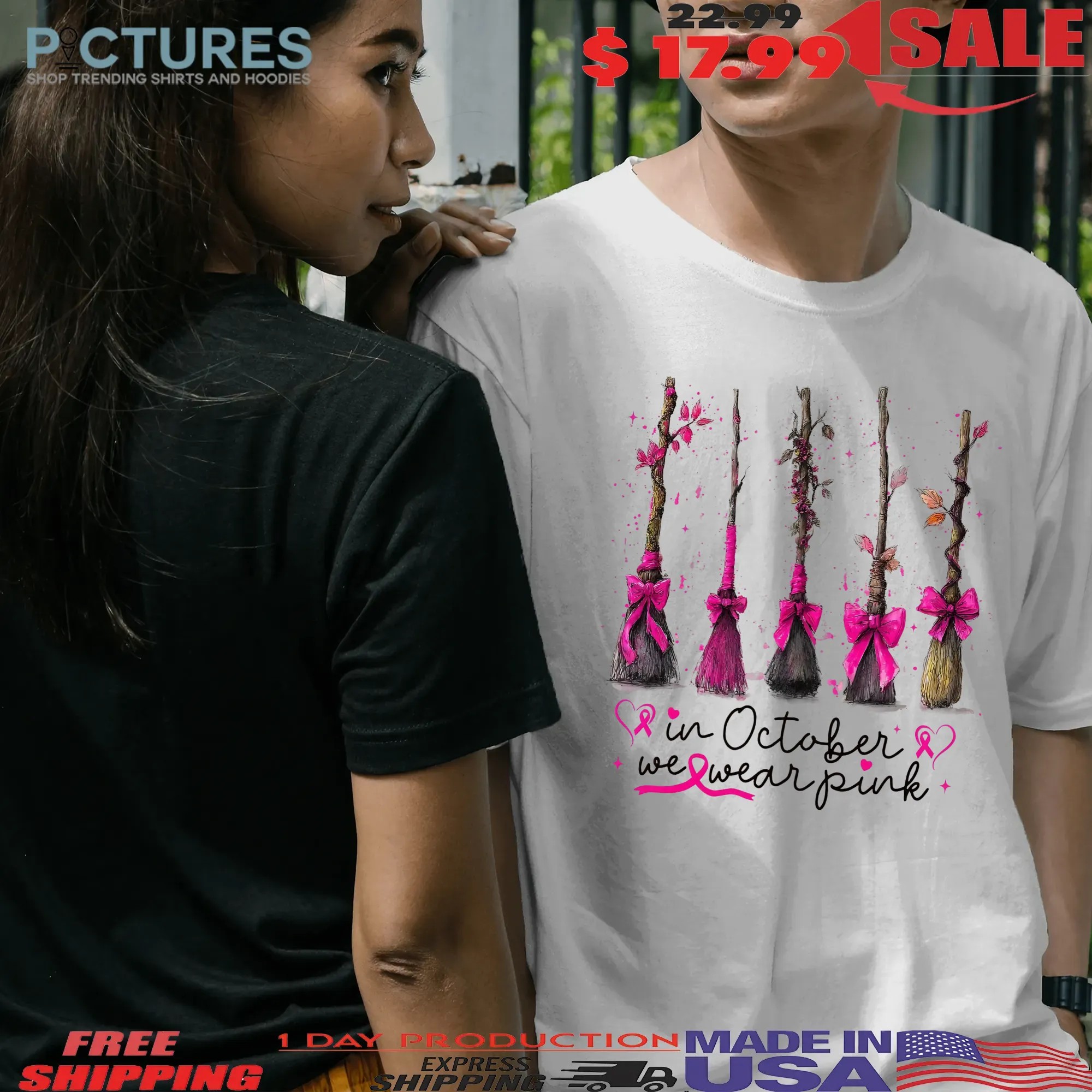 In October We Wear Pink, Breast Cancer Awareness, Witches Cancer Coquette, Halloween Pink Ghost, Pink Boo T Shirt