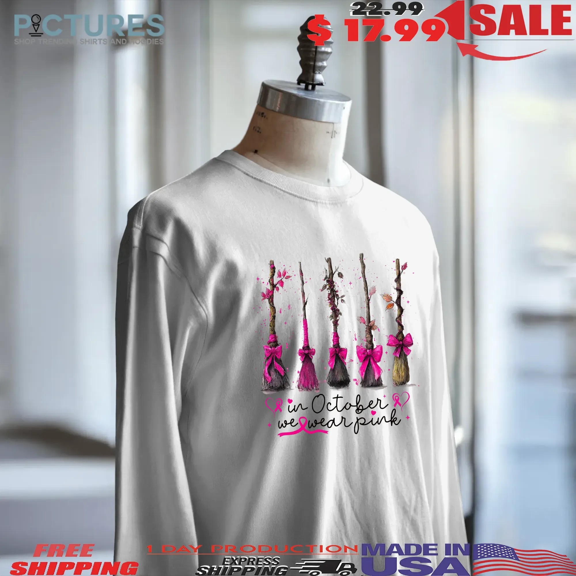 In October We Wear Pink, Breast Cancer Awareness, Witches Cancer Coquette, Halloween Pink Ghost, Pink Boo T Shirt