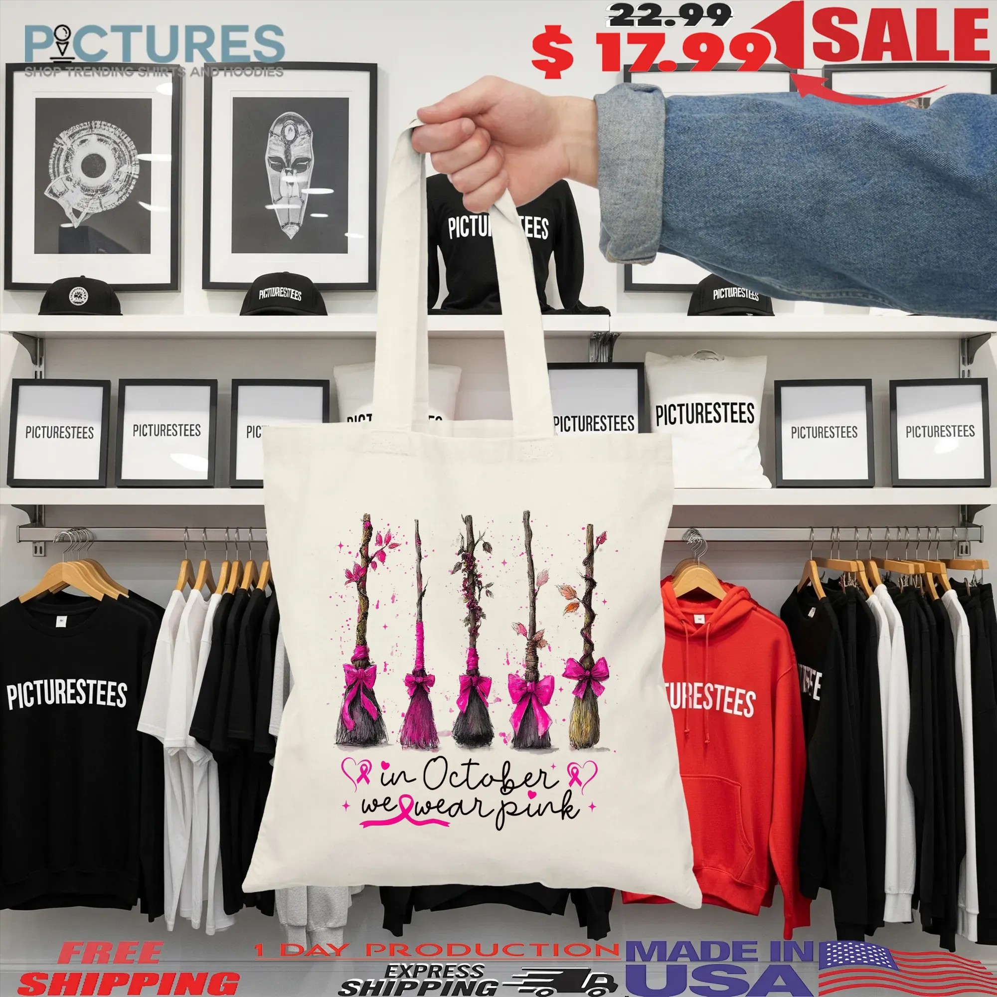 In October We Wear Pink, Breast Cancer Awareness, Witches Cancer Coquette, Halloween Pink Ghost, Pink Boo T Shirt
