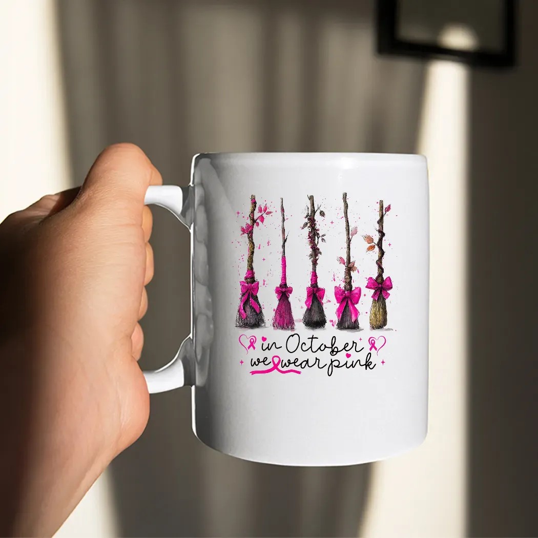 In October We Wear Pink, Breast Cancer Awareness, Witches Cancer Coquette, Halloween Pink Ghost, Pink Boo T Shirt