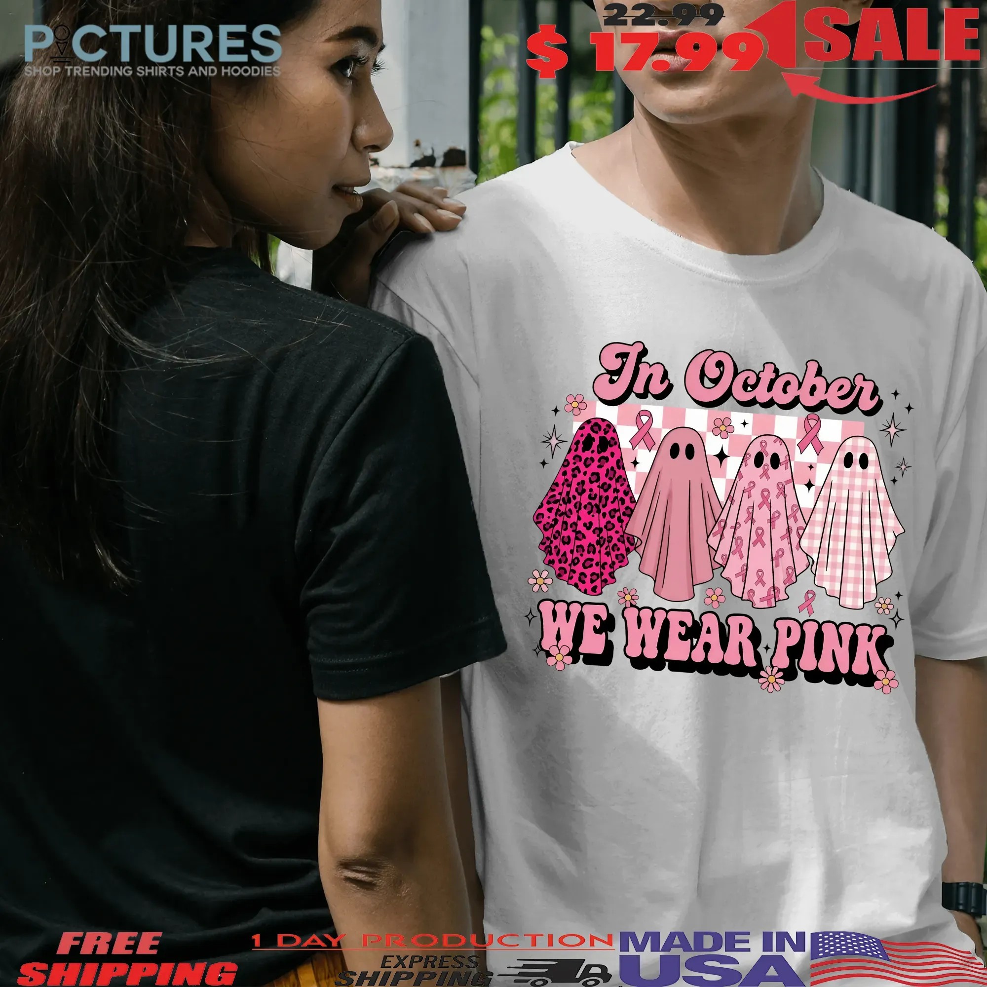 In October We Wear Pink Ghost, Coquette Breast Cancer Awareness Halloween, Pink Ribbon Cute Ghost, October Pink Shirt