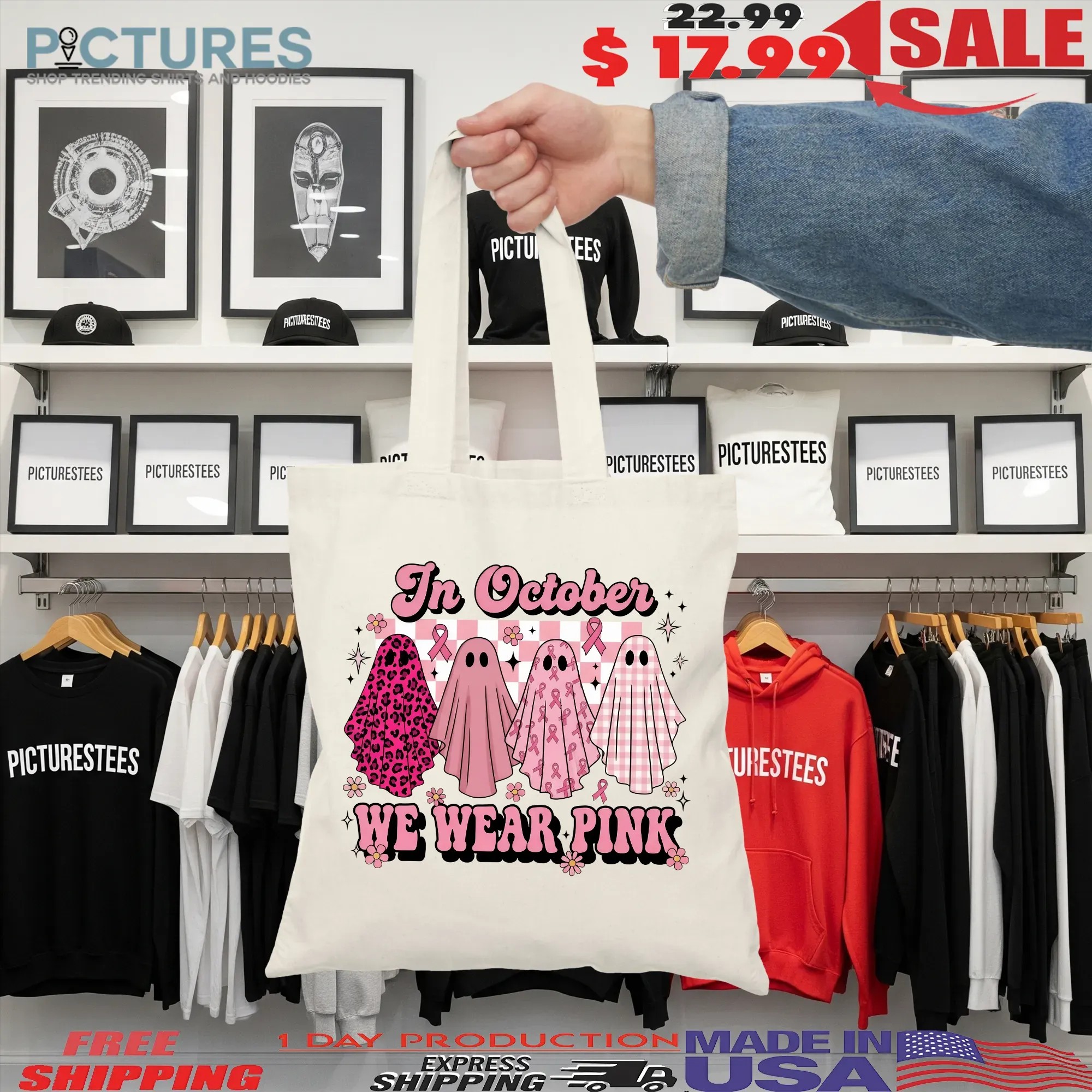 In October We Wear Pink Ghost, Coquette Breast Cancer Awareness Halloween, Pink Ribbon Cute Ghost, October Pink Shirt In October We Wear Pink Ghost, Coquette Breast Cancer Awareness Halloween, Pink Ribbon Cute Ghost, October Pink Shirt