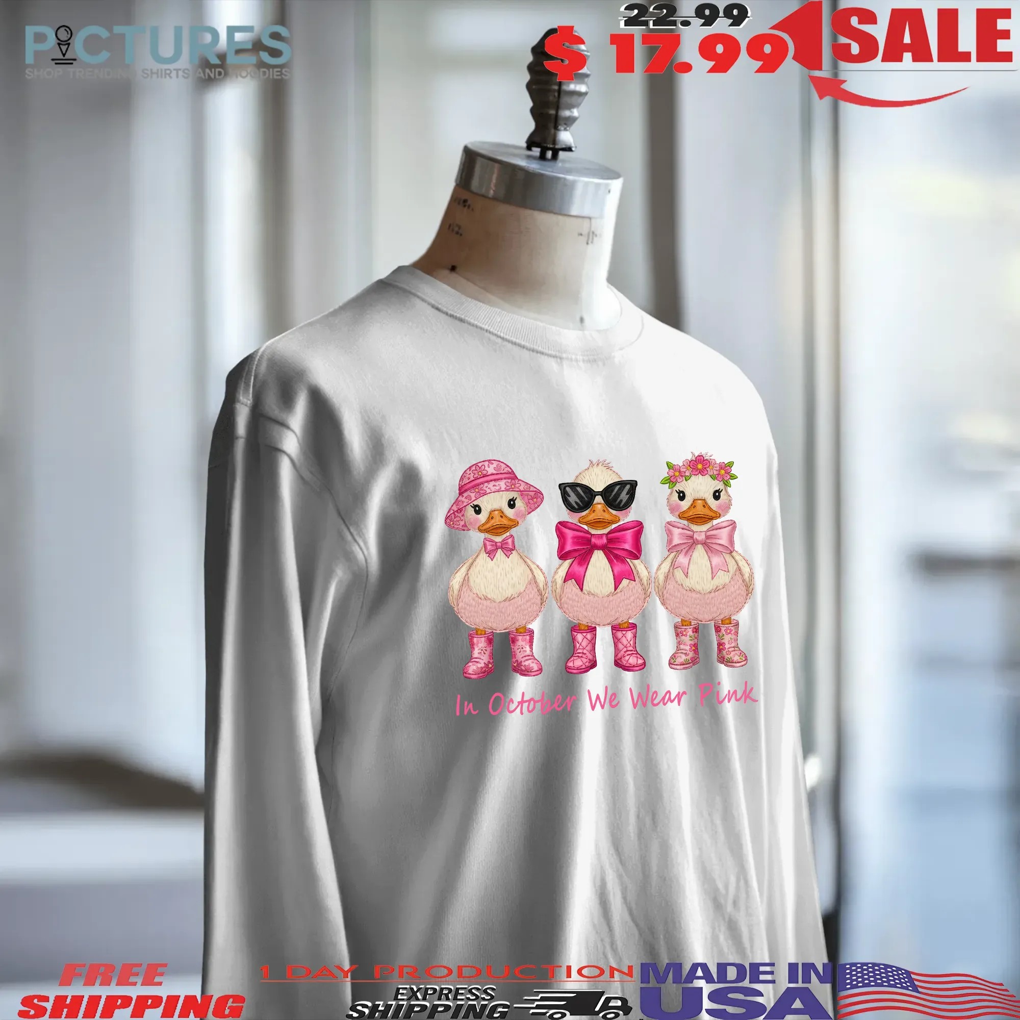 In October We Wear Pink Goose Faux Embroidery Breast Cancer Awareness T Shirt