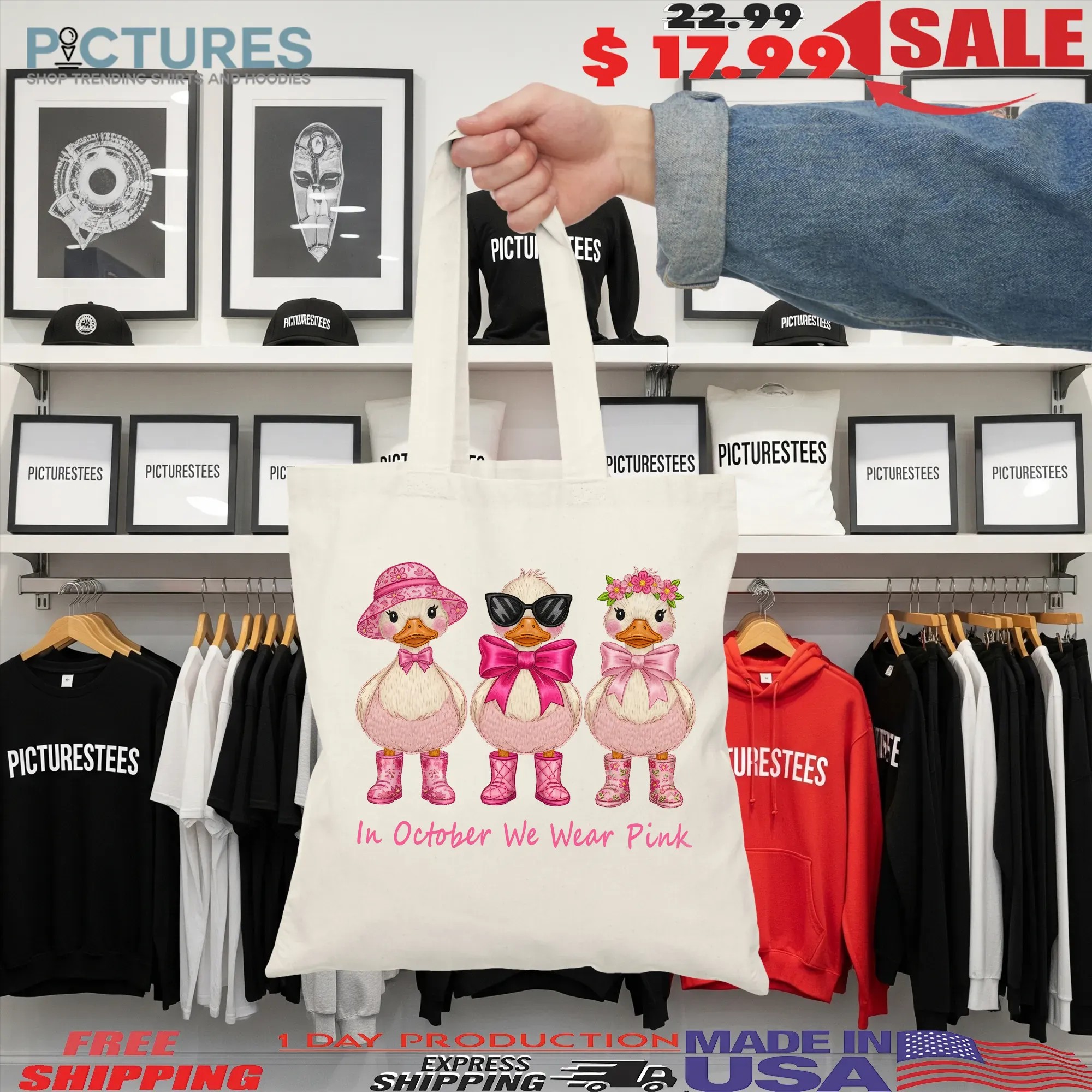 In October We Wear Pink Goose Faux Embroidery Breast Cancer Awareness T Shirt