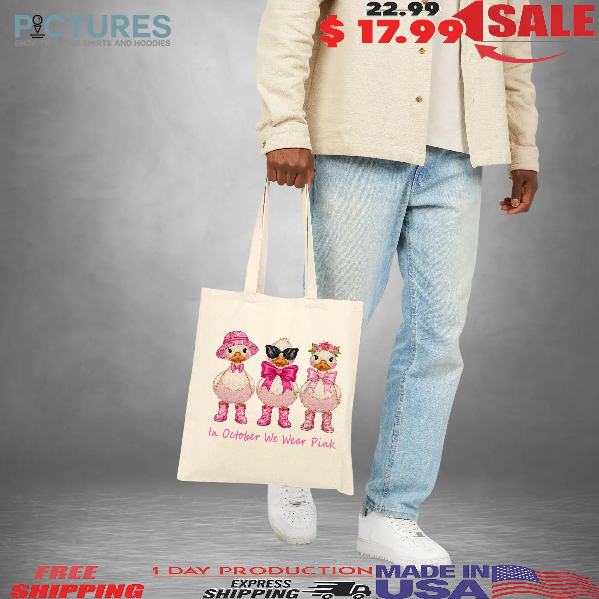 In October We Wear Pink Goose Faux Embroidery Breast Cancer Awareness T Shirt