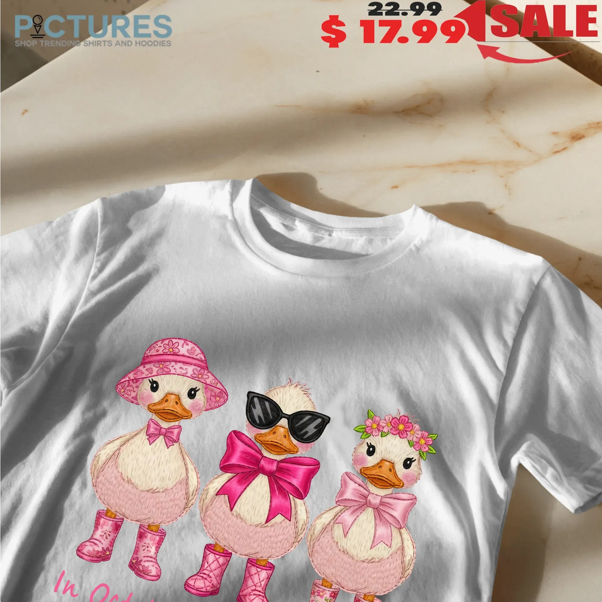 In October We Wear Pink Goose Faux Embroidery Breast Cancer Awareness T Shirt