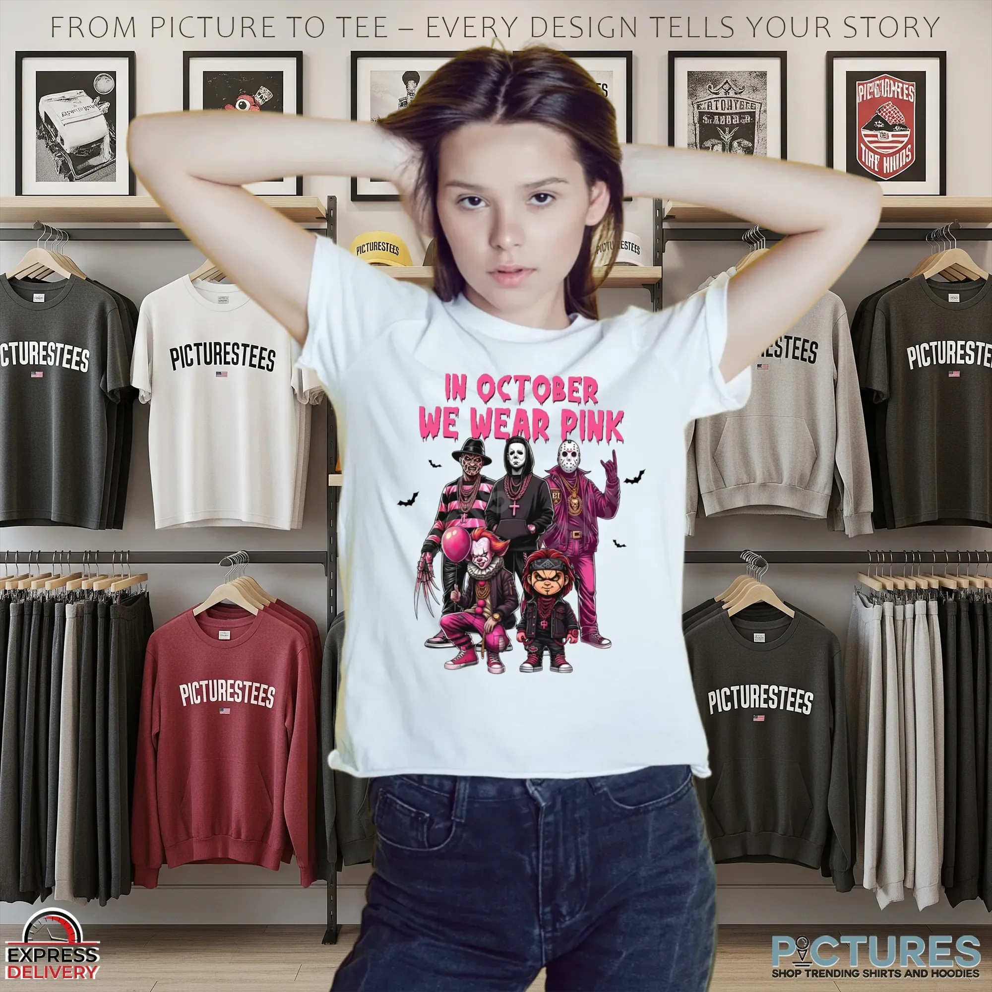 In October We Wear Pink Horror Villains Halloween & Breast Cancer Awareness Mashup T Shirt