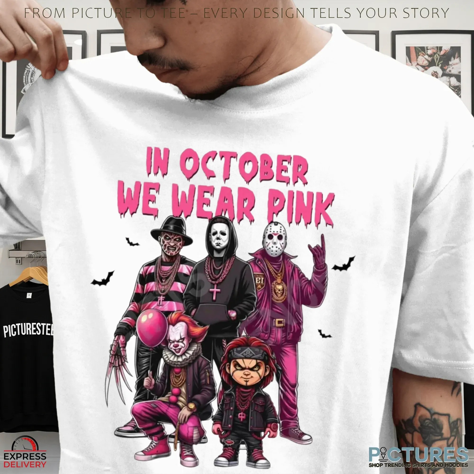 In October We Wear Pink Horror Villains Halloween & Breast Cancer Awareness Mashup T Shirt