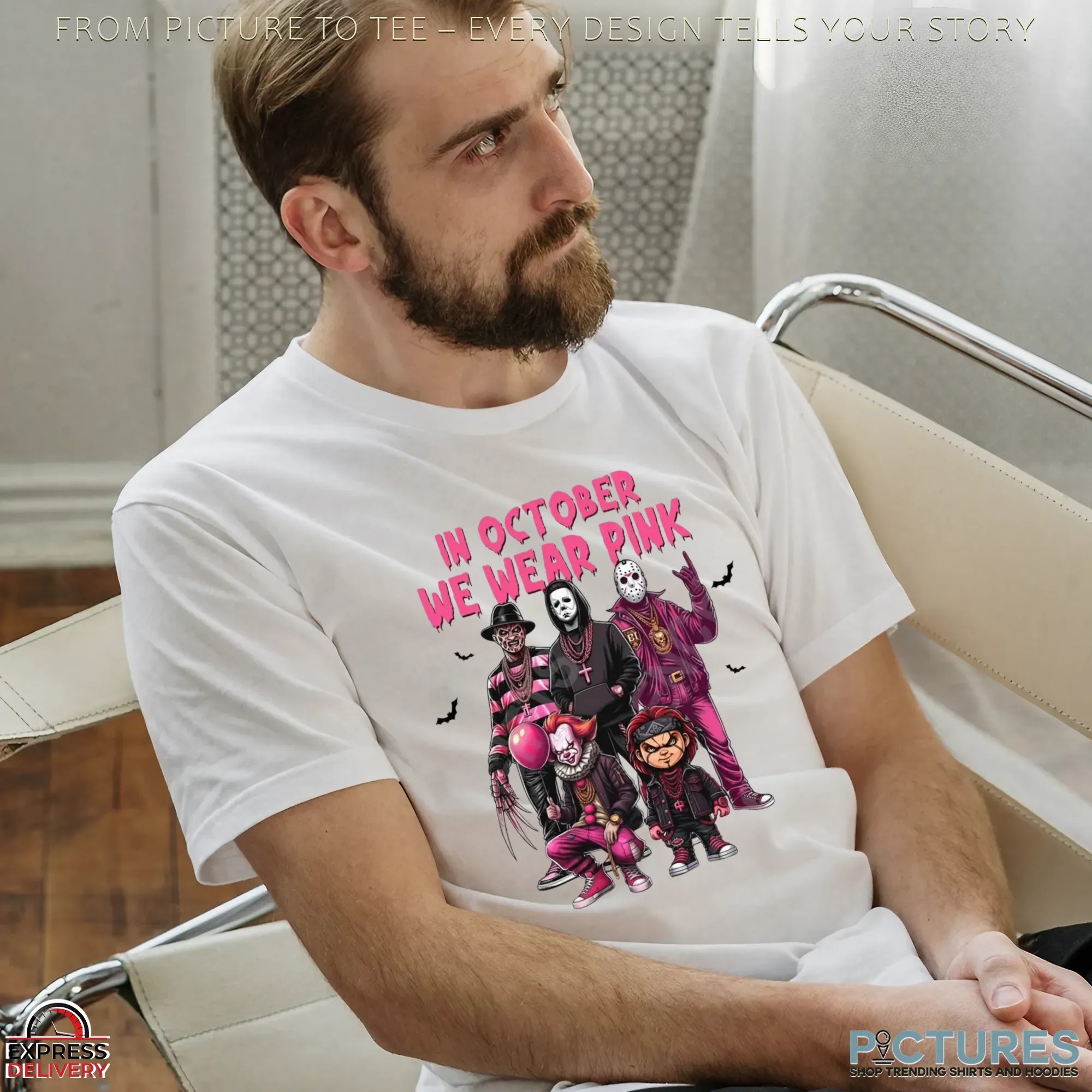 In October We Wear Pink Horror Villains Halloween & Breast Cancer Awareness Mashup T Shirt