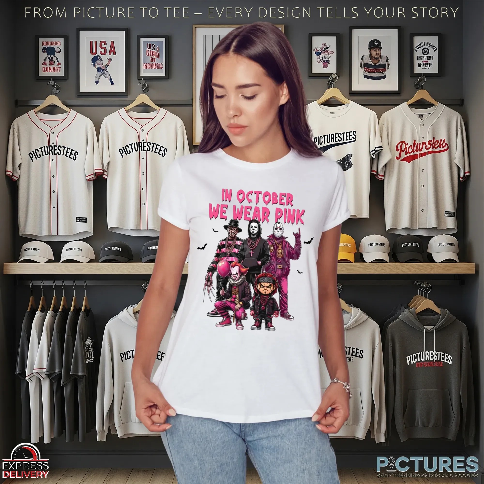 In October We Wear Pink Horror Villains Halloween & Breast Cancer Awareness Mashup T Shirt
