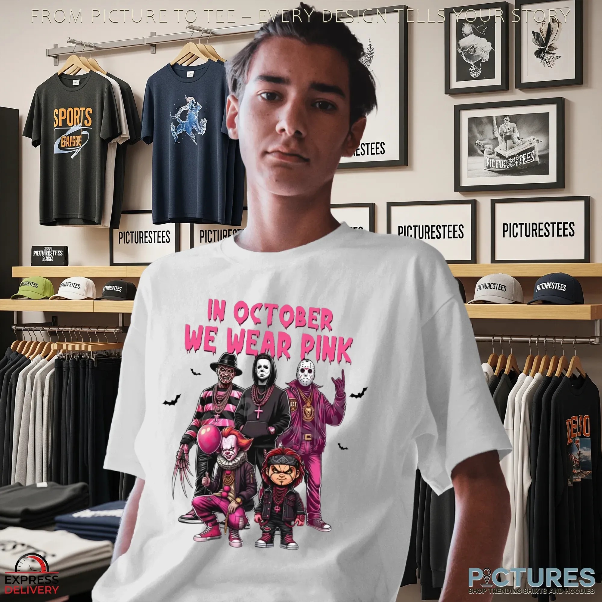 In October We Wear Pink Horror Villains Halloween & Breast Cancer Awareness Mashup T Shirt