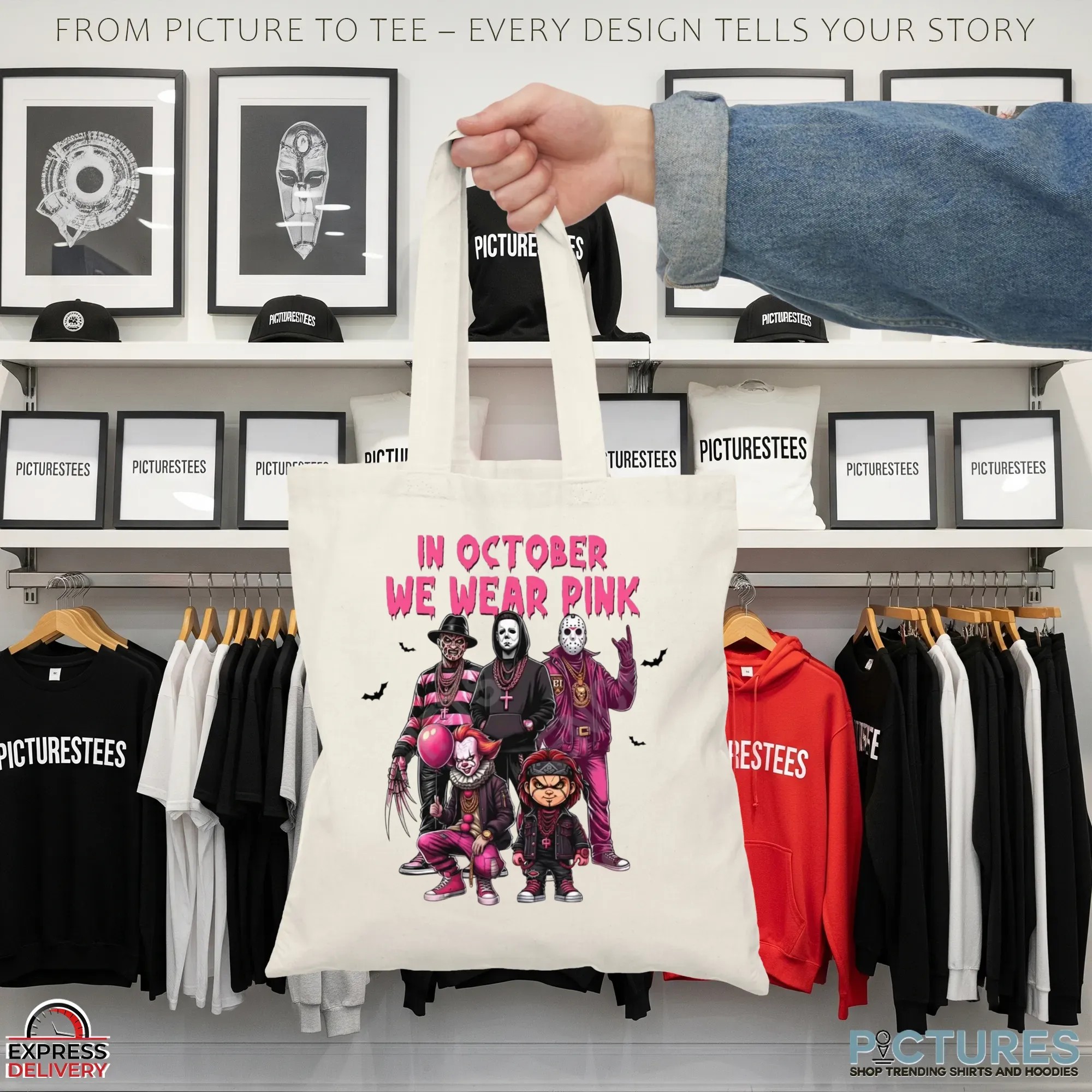 In October We Wear Pink Horror Villains Halloween & Breast Cancer Awareness Mashup T Shirt