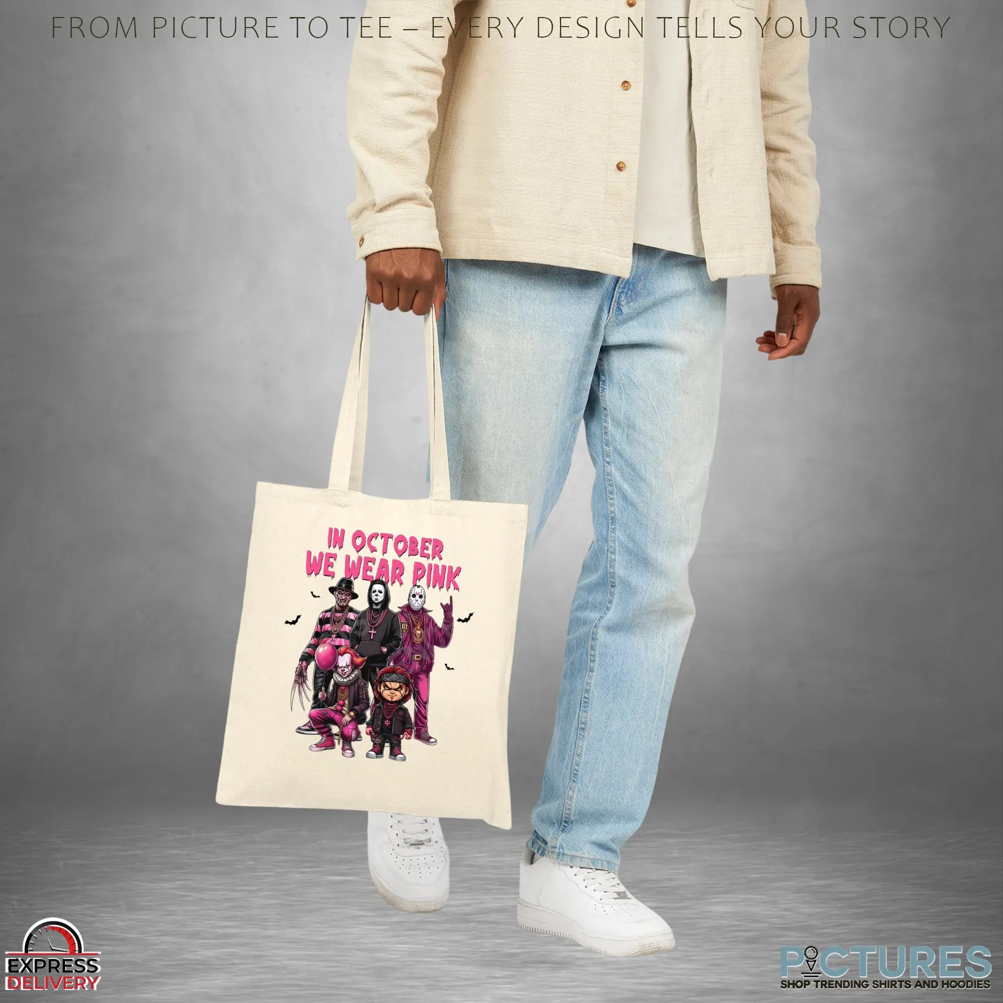In October We Wear Pink Horror Villains Halloween & Breast Cancer Awareness Mashup T Shirt