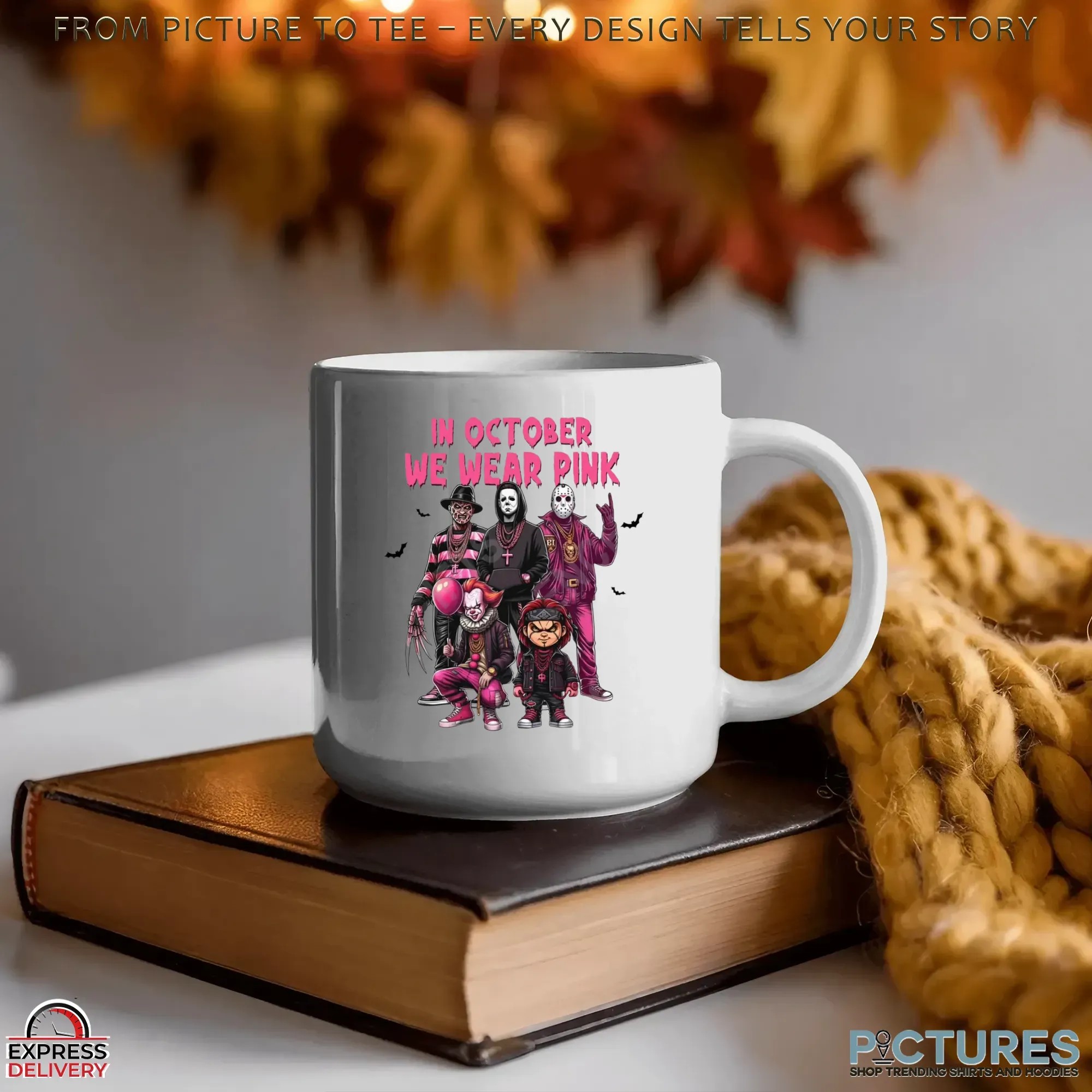 In October We Wear Pink Horror Villains Halloween & Breast Cancer Awareness Mashup T Shirt