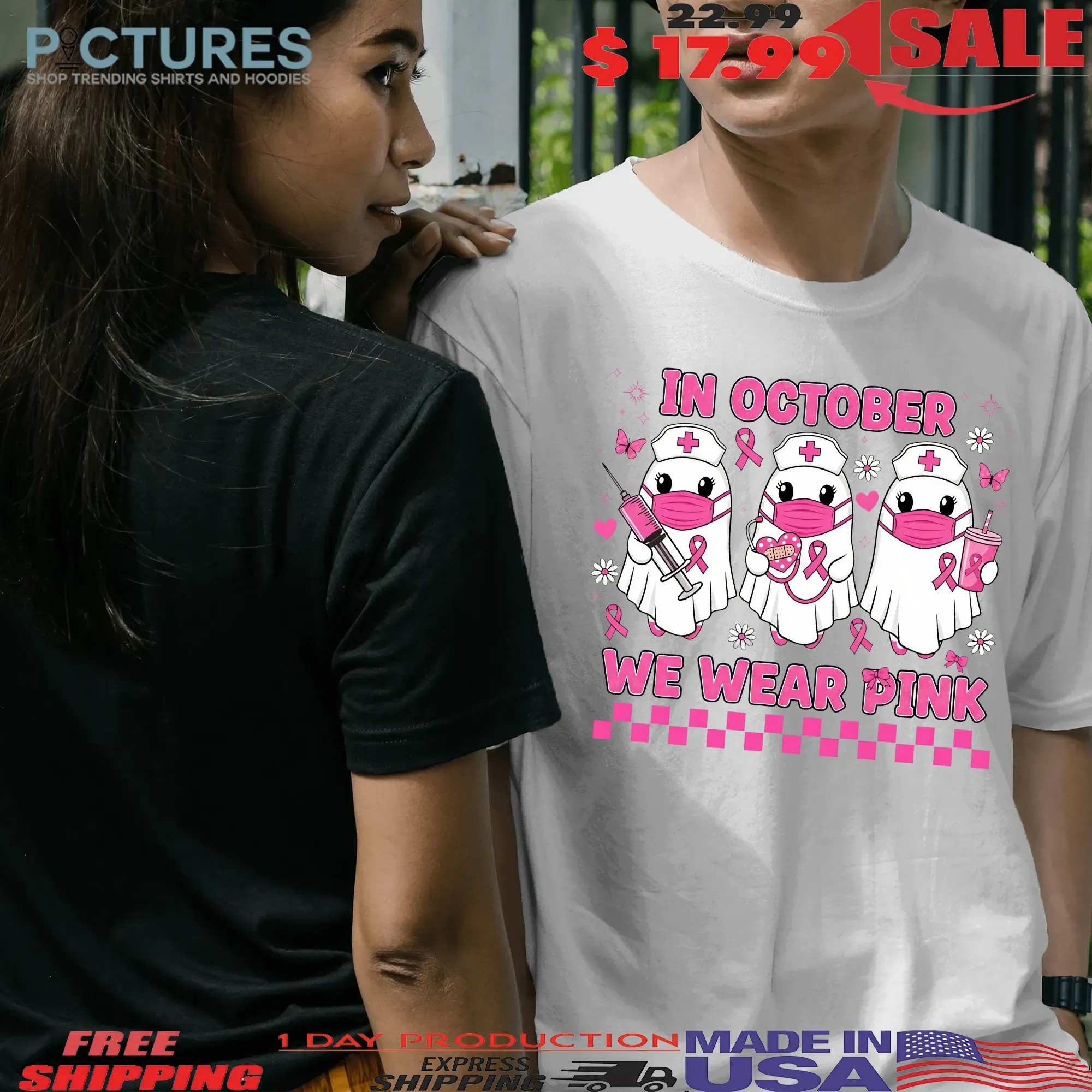 In October We Wear Pink Nurse Ghost Breast Cancer Awareness Halloween T Shirt